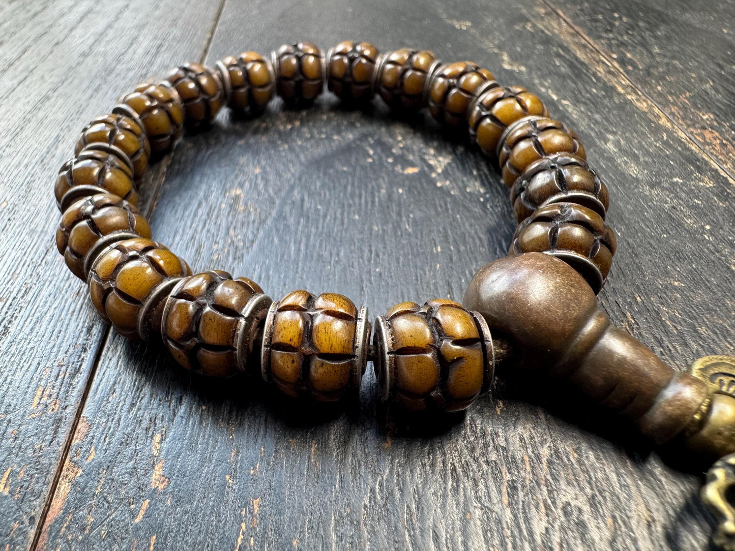 Tibetan Lotus Carved Yak Bone Bracelet | Adjustable Himalayan Mala Bracelet | Hand Carved Bone Prayer Beads | Ethnic Buddhist Jewelry