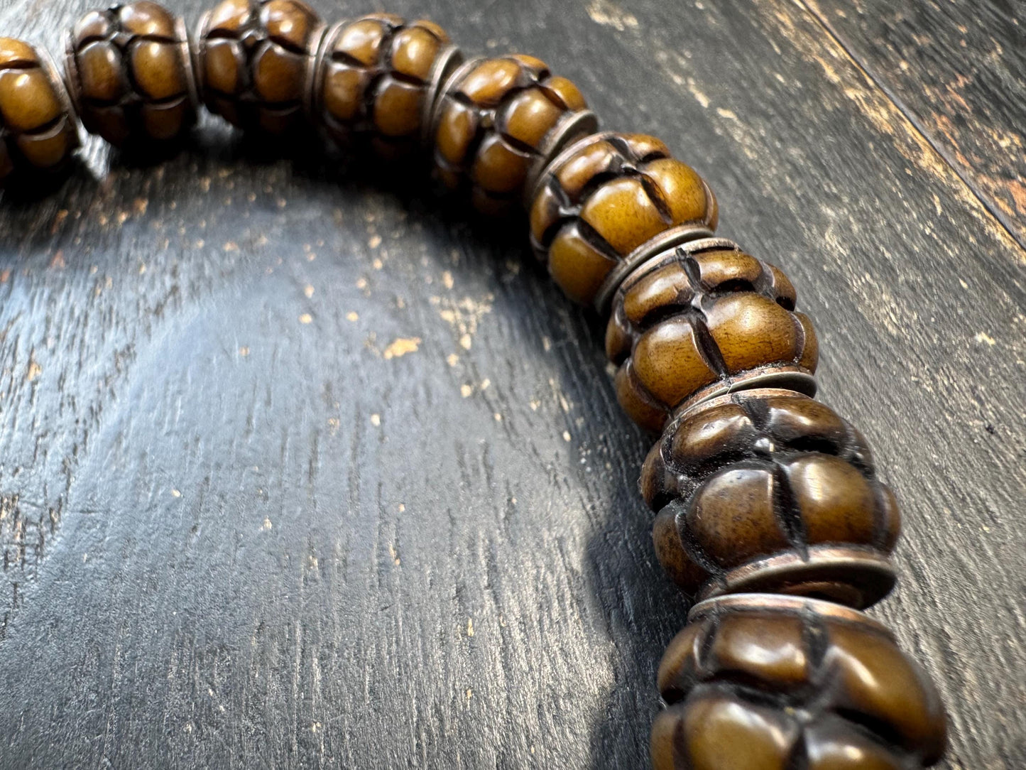 Tibetan Lotus Carved Yak Bone Bracelet | Adjustable Himalayan Mala Bracelet | Hand Carved Bone Prayer Beads | Ethnic Buddhist Jewelry
