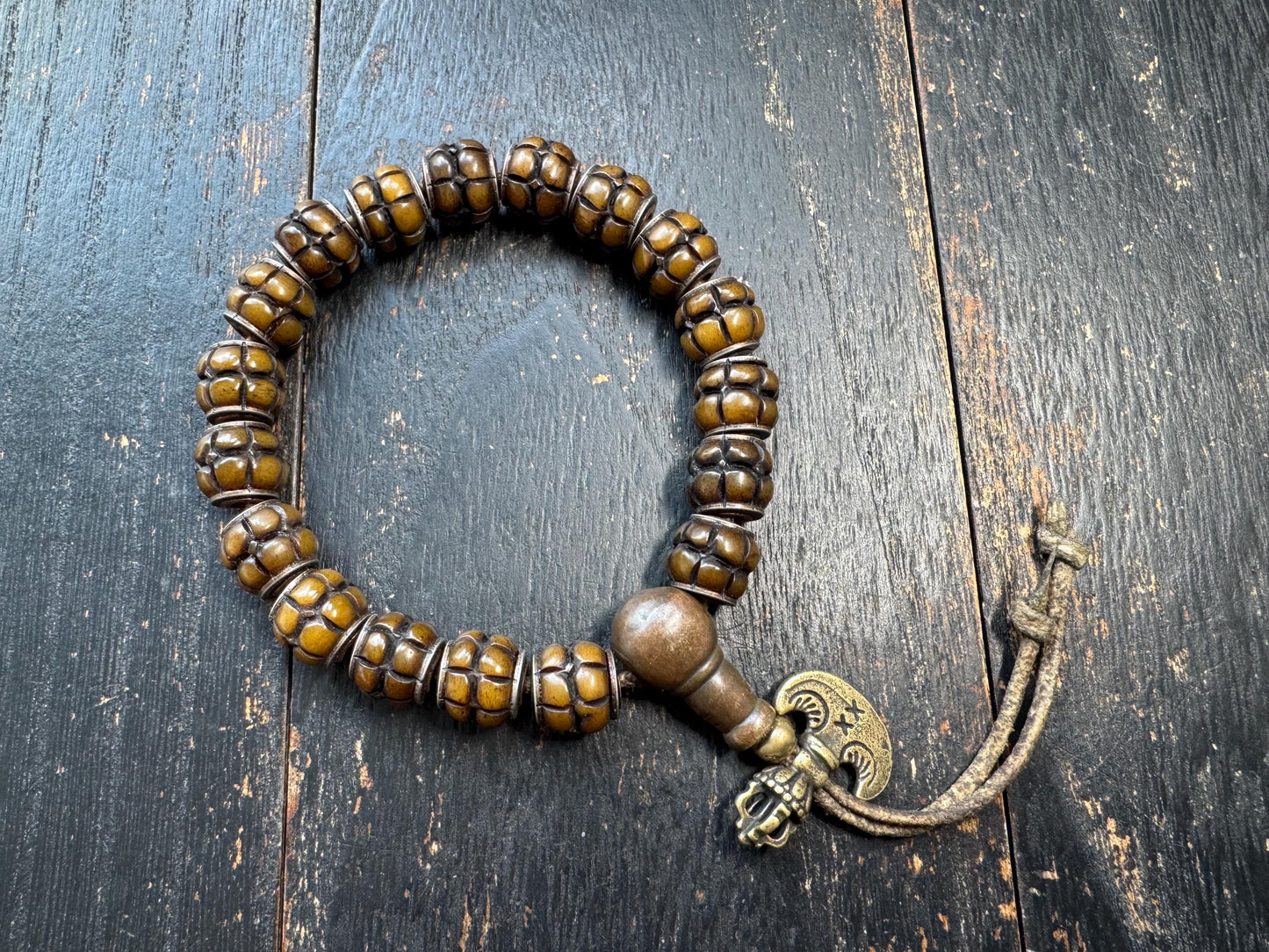 Tibetan Lotus Carved Yak Bone Bracelet | Adjustable Himalayan Mala Bracelet | Hand Carved Bone Prayer Beads | Ethnic Buddhist Jewelry
