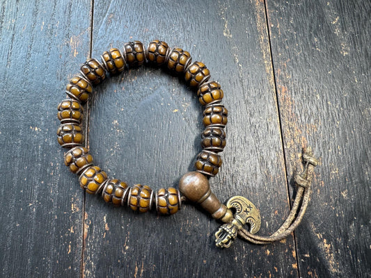 Tibetan Lotus Carved Yak Bone Bracelet | Adjustable Himalayan Mala Bracelet | Hand Carved Bone Prayer Beads | Ethnic Buddhist Jewelry