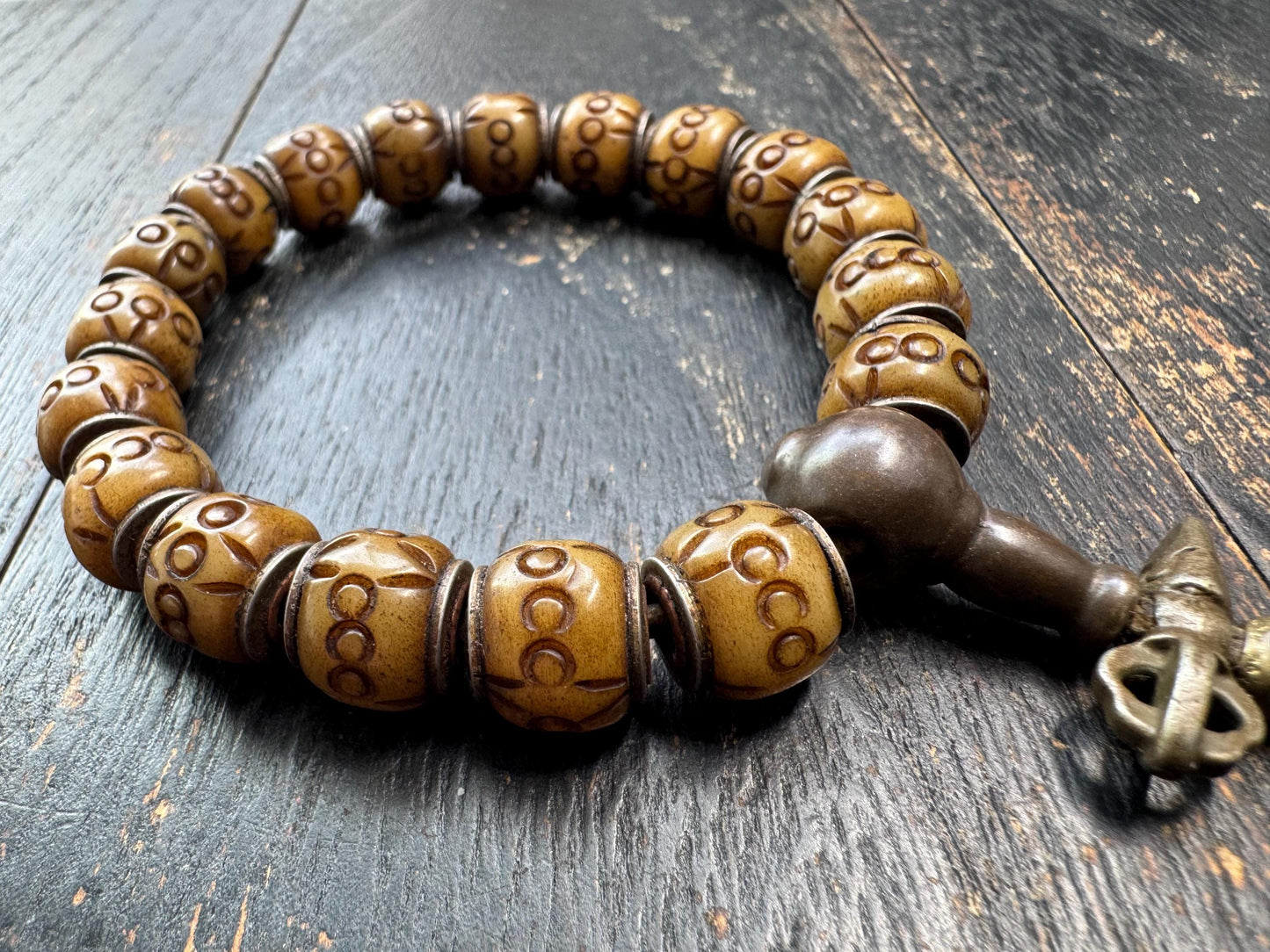 Tibetan Carved Yak Bone Bracelet | Himalayan Symbol Pattern Mala Bracelet | Adjustable Buddhist Prayer Beads | Ethnic Tribal Jewelry