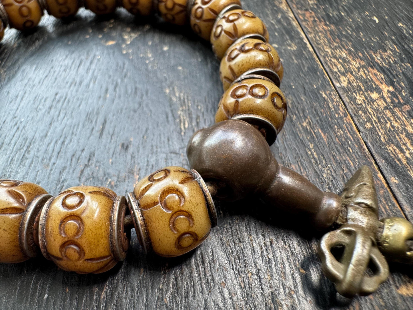 Tibetan Carved Yak Bone Bracelet | Himalayan Symbol Pattern Mala Bracelet | Adjustable Buddhist Prayer Beads | Ethnic Tribal Jewelry
