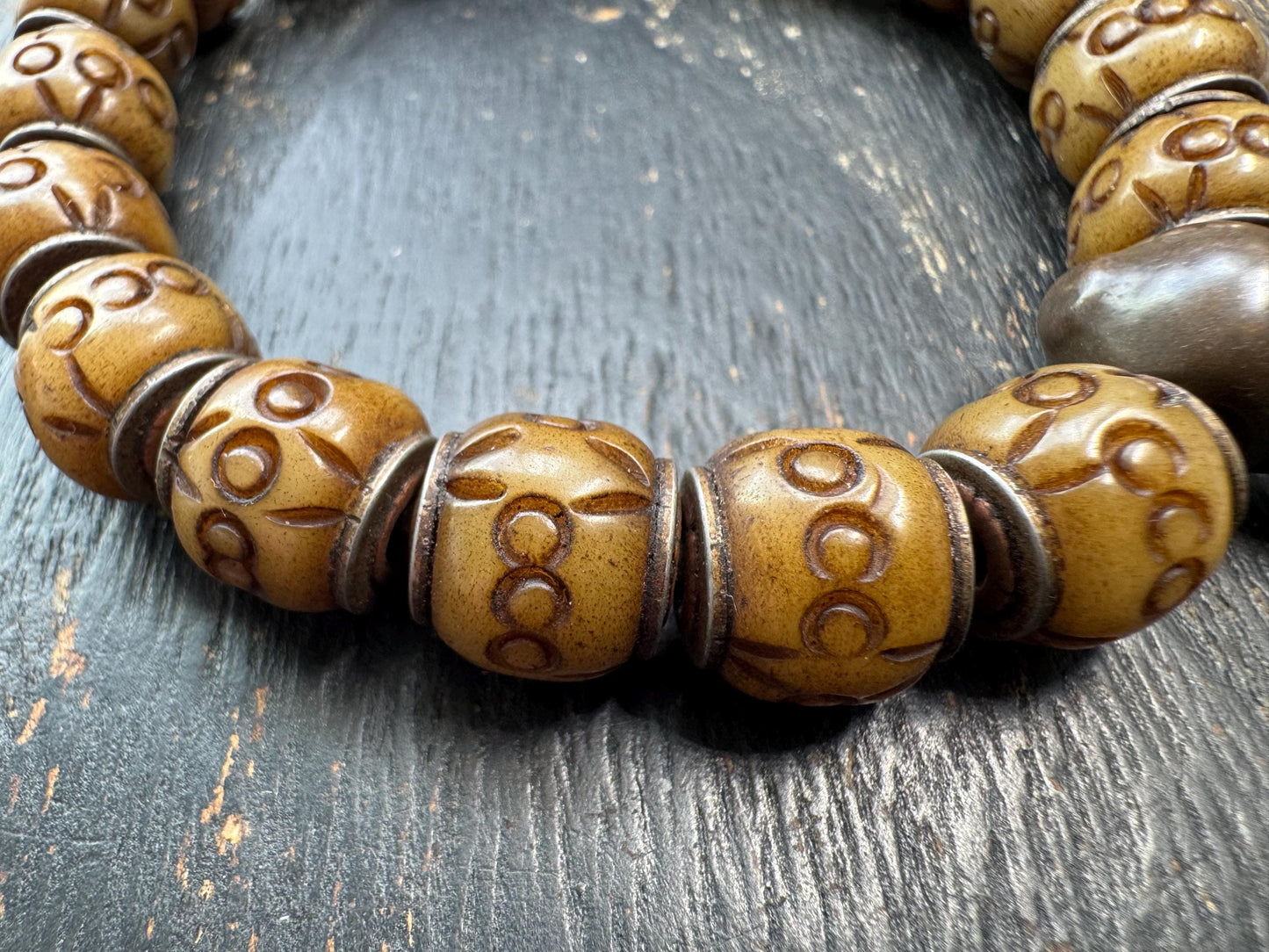 Tibetan Carved Yak Bone Bracelet | Himalayan Symbol Pattern Mala Bracelet | Adjustable Buddhist Prayer Beads | Ethnic Tribal Jewelry