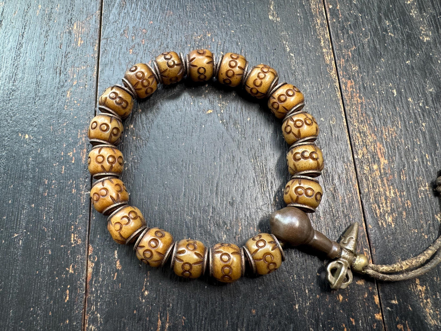 Tibetan Carved Yak Bone Bracelet | Himalayan Symbol Pattern Mala Bracelet | Adjustable Buddhist Prayer Beads | Ethnic Tribal Jewelry