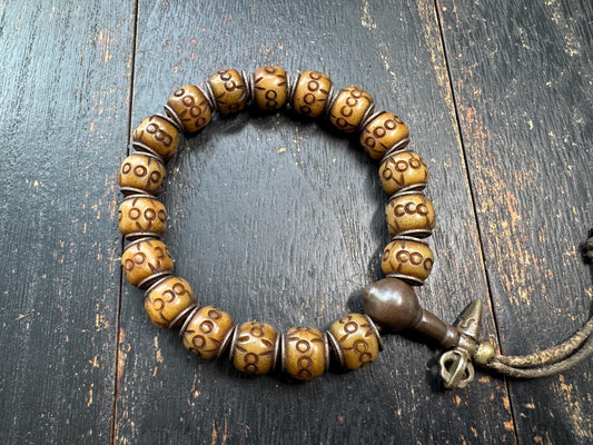 Tibetan Carved Yak Bone Bracelet | Himalayan Symbol Pattern Mala Bracelet | Adjustable Buddhist Prayer Beads | Ethnic Tribal Jewelry