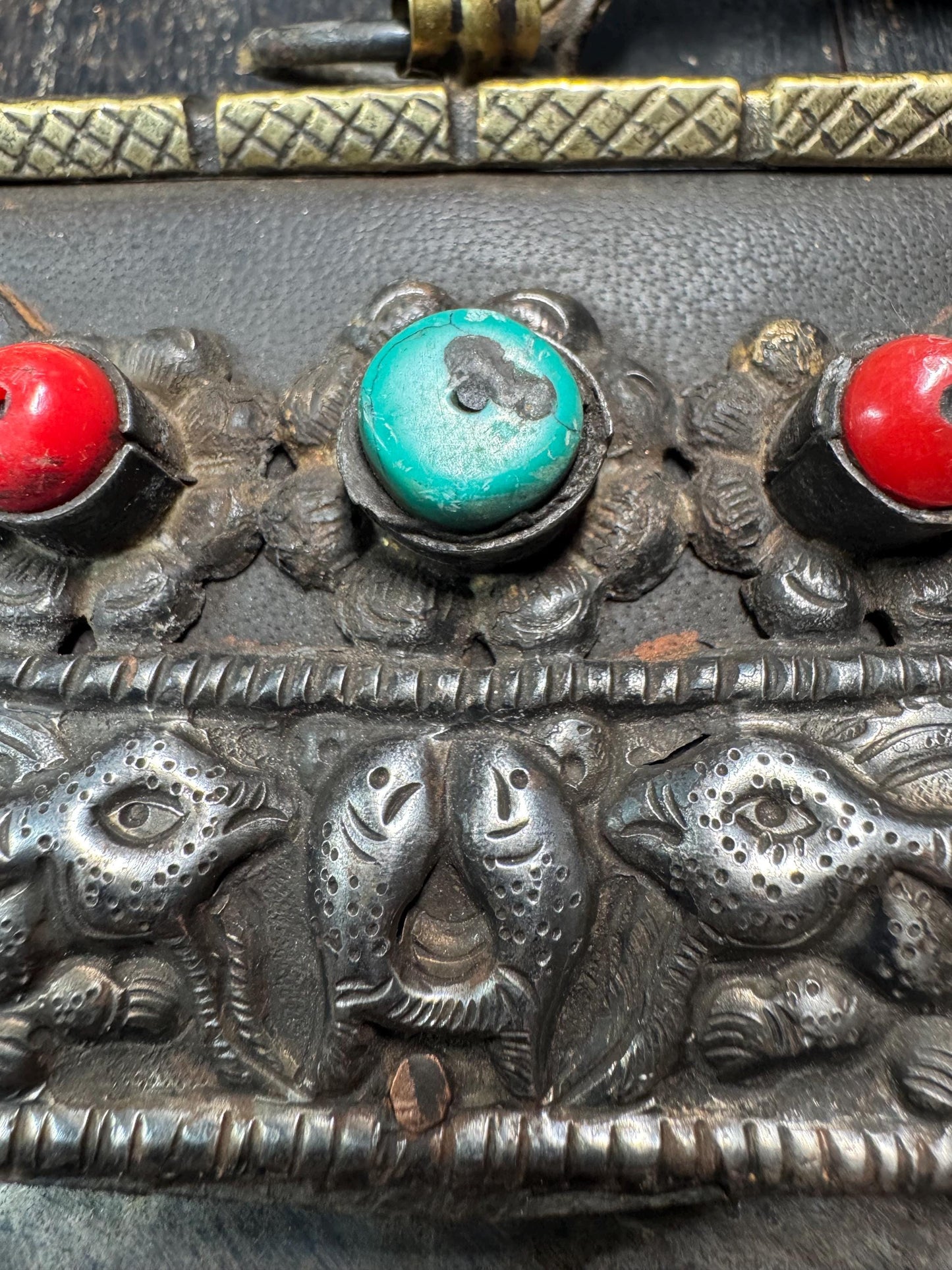 Antique Tibetan Mechag Flint Striker Pouch – Himalayan Chuckmuck Fire Starter Purse with Coral & Turquoise, Leather and Steel