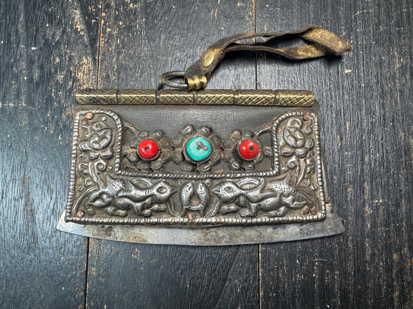 Antique Tibetan Mechag Flint Striker Pouch – Himalayan Chuckmuck Fire Starter Purse with Coral & Turquoise, Leather and Steel