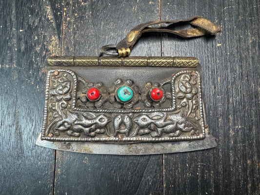 Antique Tibetan Mechag Flint Striker Pouch – Himalayan Chuckmuck Fire Starter Purse with Coral & Turquoise, Leather and Steel