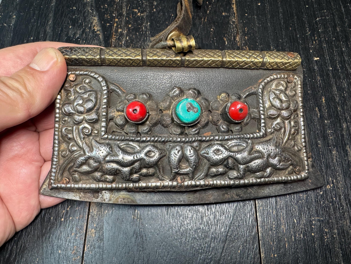 Antique Tibetan Mechag Flint Striker Pouch – Himalayan Chuckmuck Fire Starter Purse with Coral & Turquoise, Leather and Steel