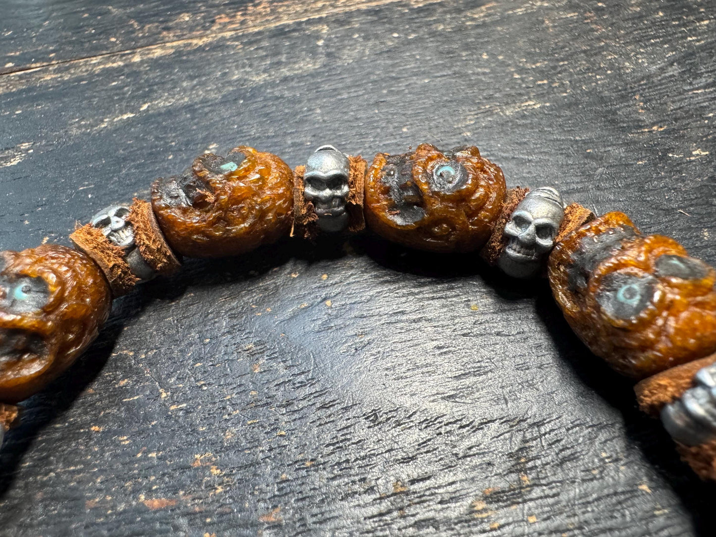 Tibetan Yak Bone Skull Bracelet – Chitipati Carved Bone Beads with White Copper Spacers, Leather Dividers, Buddhist Gothic Mala Style, 8 Inc