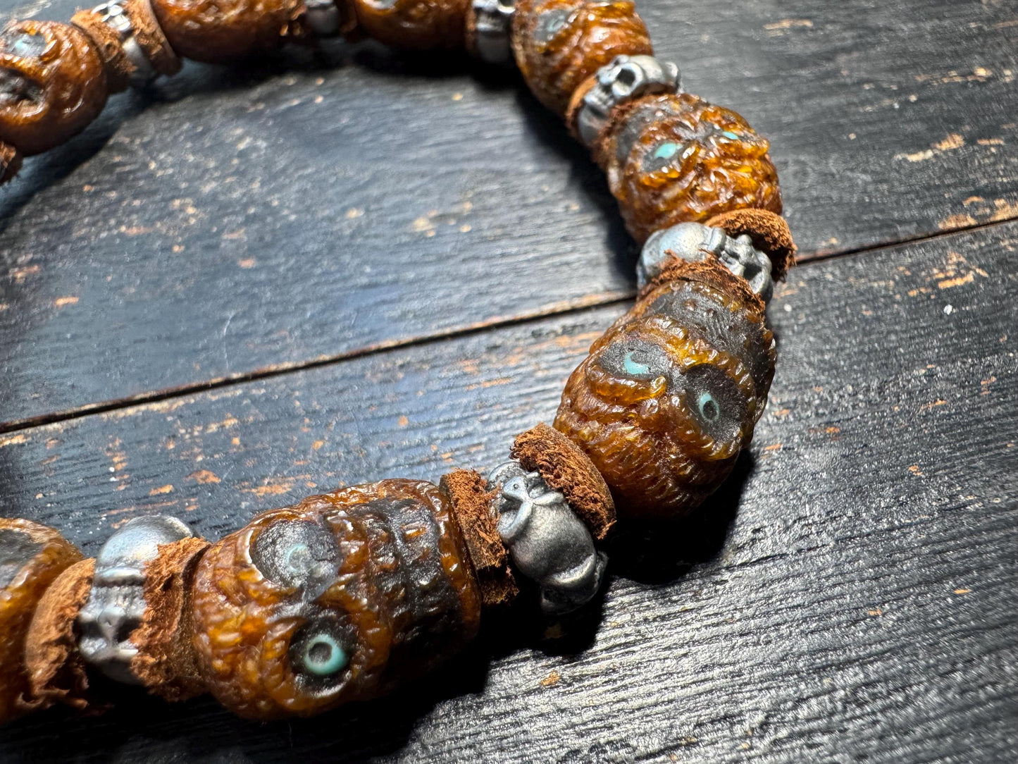 Tibetan Yak Bone Skull Bracelet – Chitipati Carved Bone Beads with White Copper Spacers, Leather Dividers, Buddhist Gothic Mala Style, 8 Inc