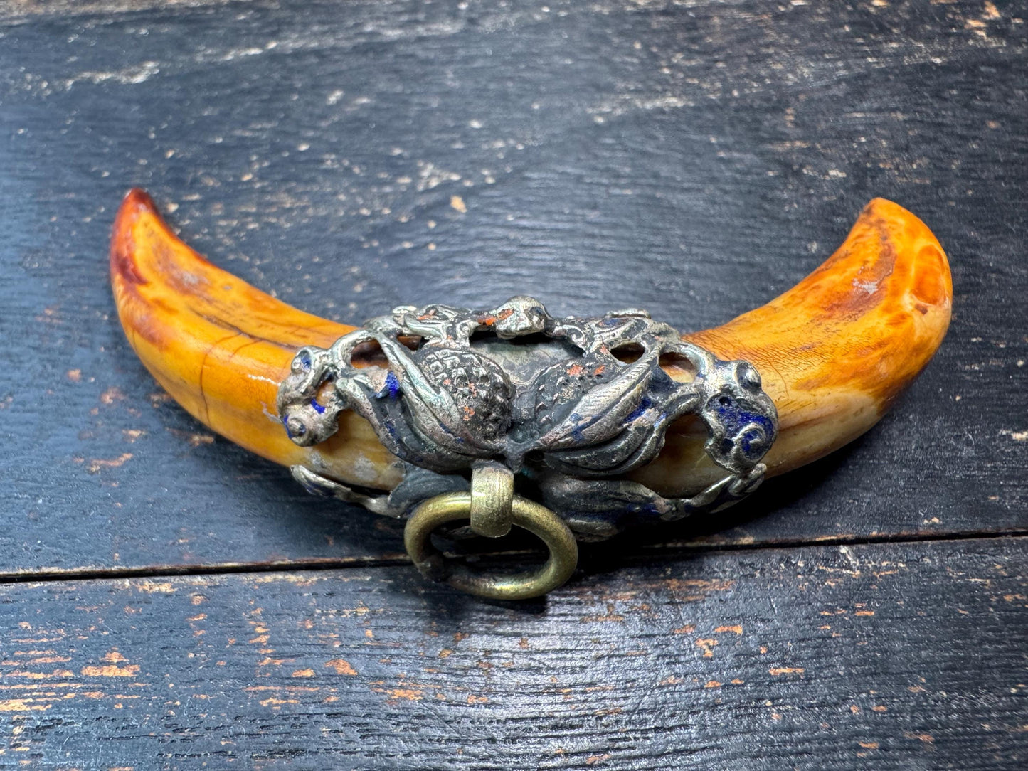 Vintage Himalayan Tooth Amulet Pendant – Tibetan Style Protective Talisman with Metal Mount, Tribal Boho Jewelry Charm