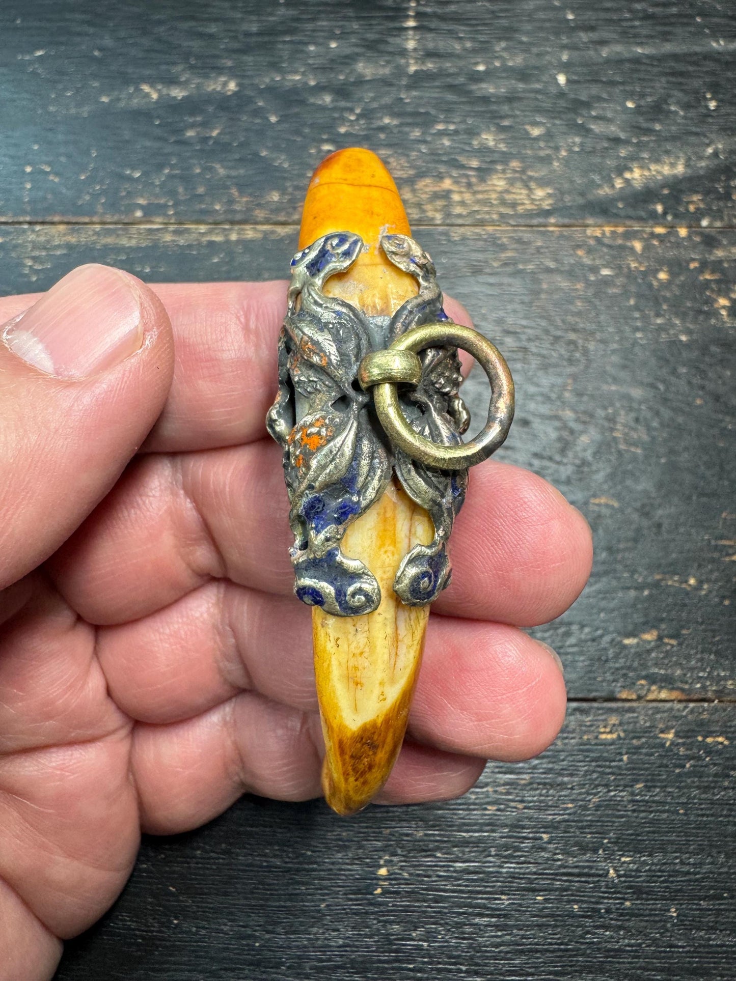 Vintage Himalayan Tooth Amulet Pendant – Tibetan Style Protective Talisman with Metal Mount, Tribal Boho Jewelry Charm