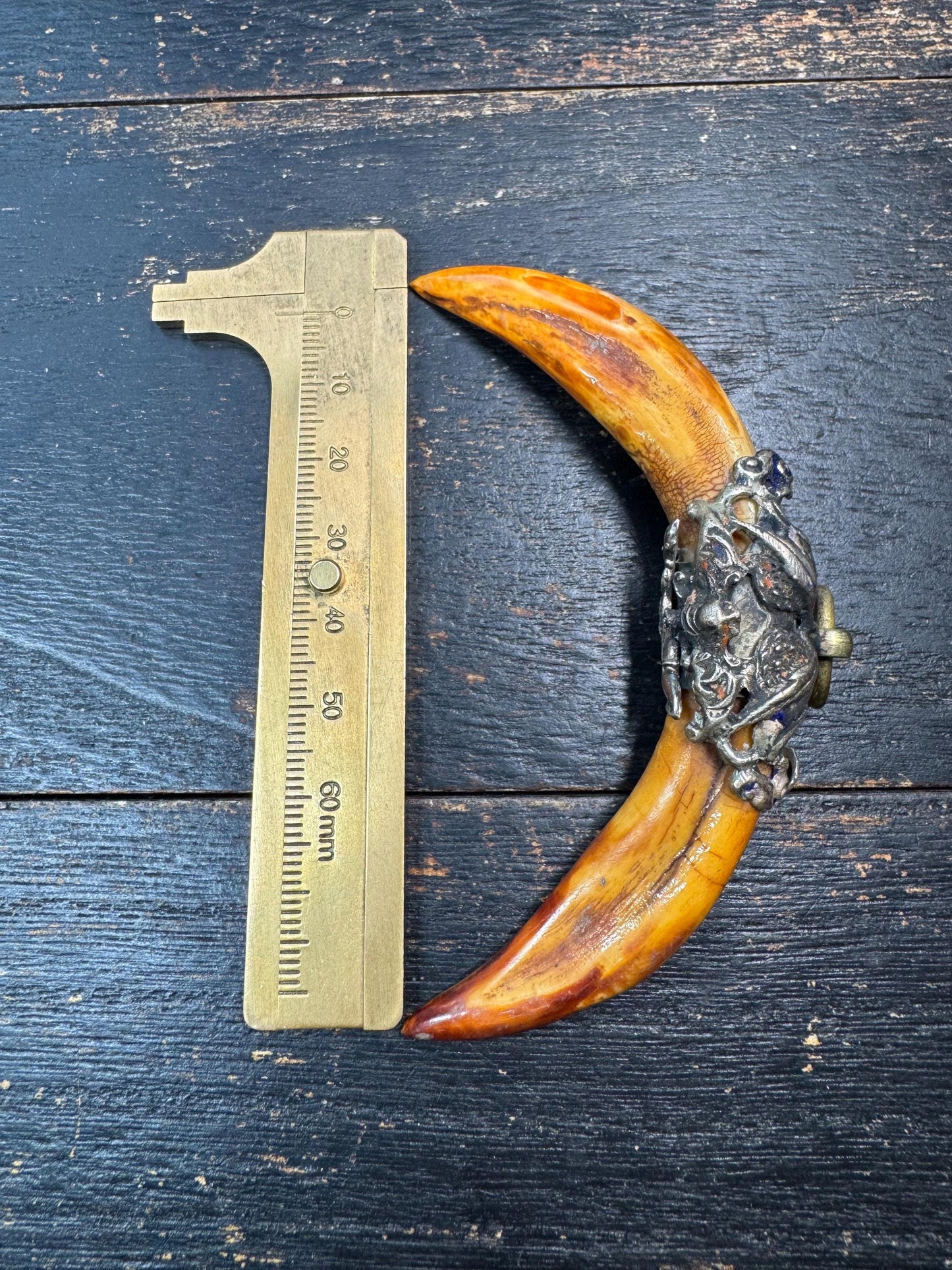 Vintage Himalayan Tooth Amulet Pendant – Tibetan Style Protective Talisman with Metal Mount, Tribal Boho Jewelry Charm