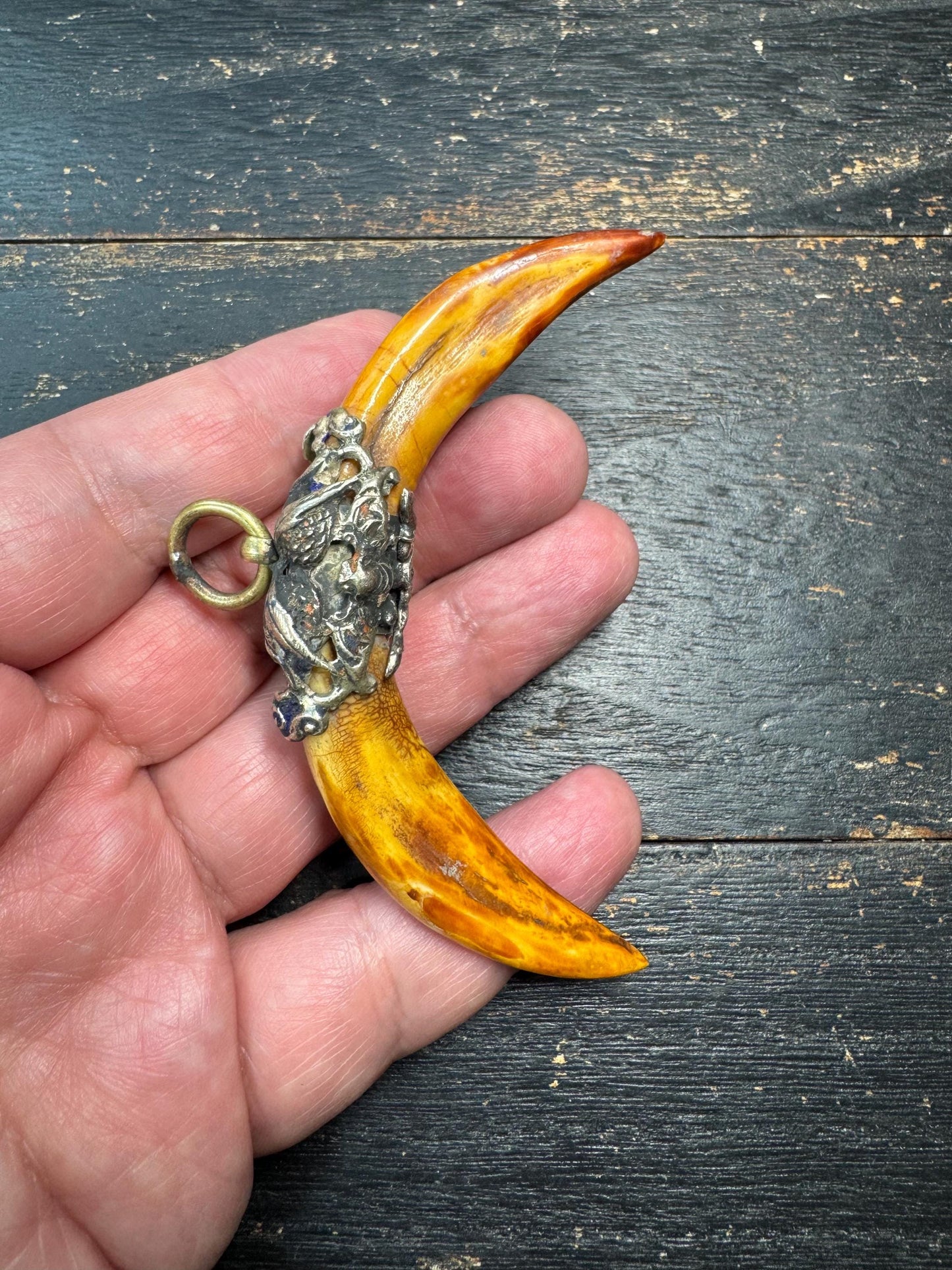 Vintage Himalayan Tooth Amulet Pendant – Tibetan Style Protective Talisman with Metal Mount, Tribal Boho Jewelry Charm