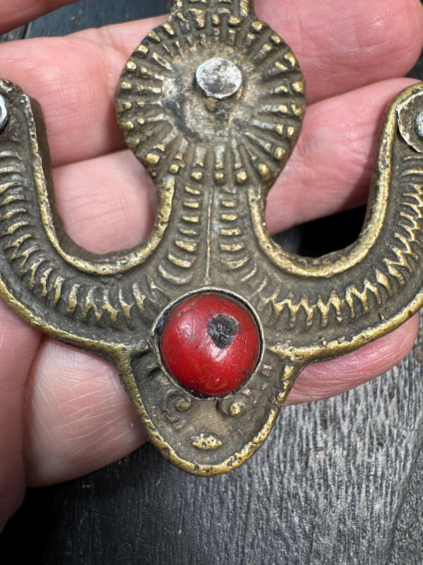 Antique Tibetan Belt Hook Pendant – Himalayan Copper Belt Ornament with Coral Inlay – Tribal Nomad Costume Accessory