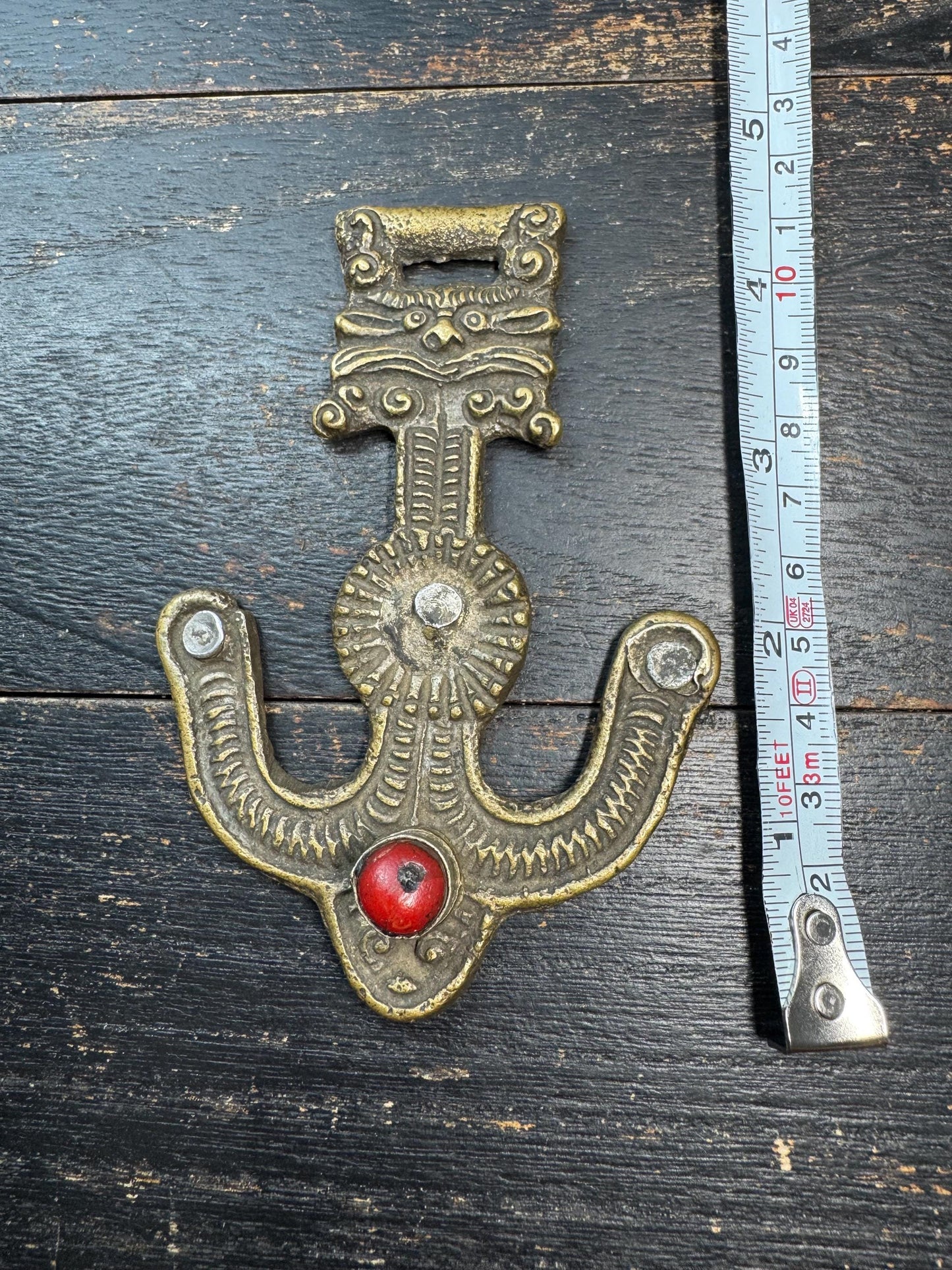 Antique Tibetan Belt Hook Pendant – Himalayan Copper Belt Ornament with Coral Inlay – Tribal Nomad Costume Accessory