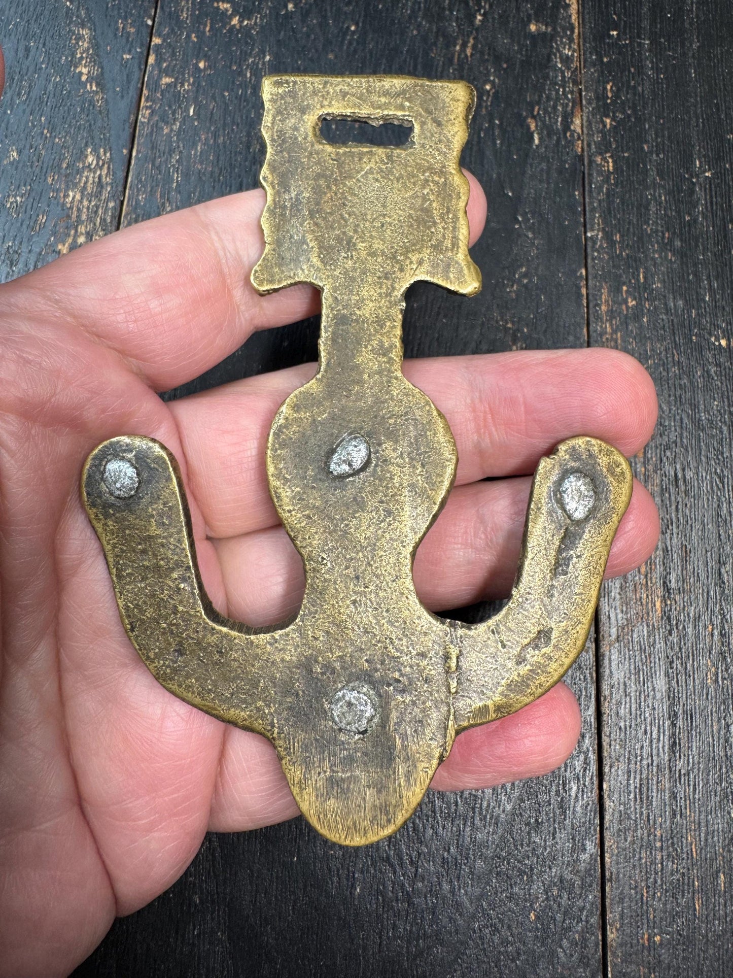 Antique Tibetan Belt Hook Pendant – Himalayan Copper Belt Ornament with Coral Inlay – Tribal Nomad Costume Accessory