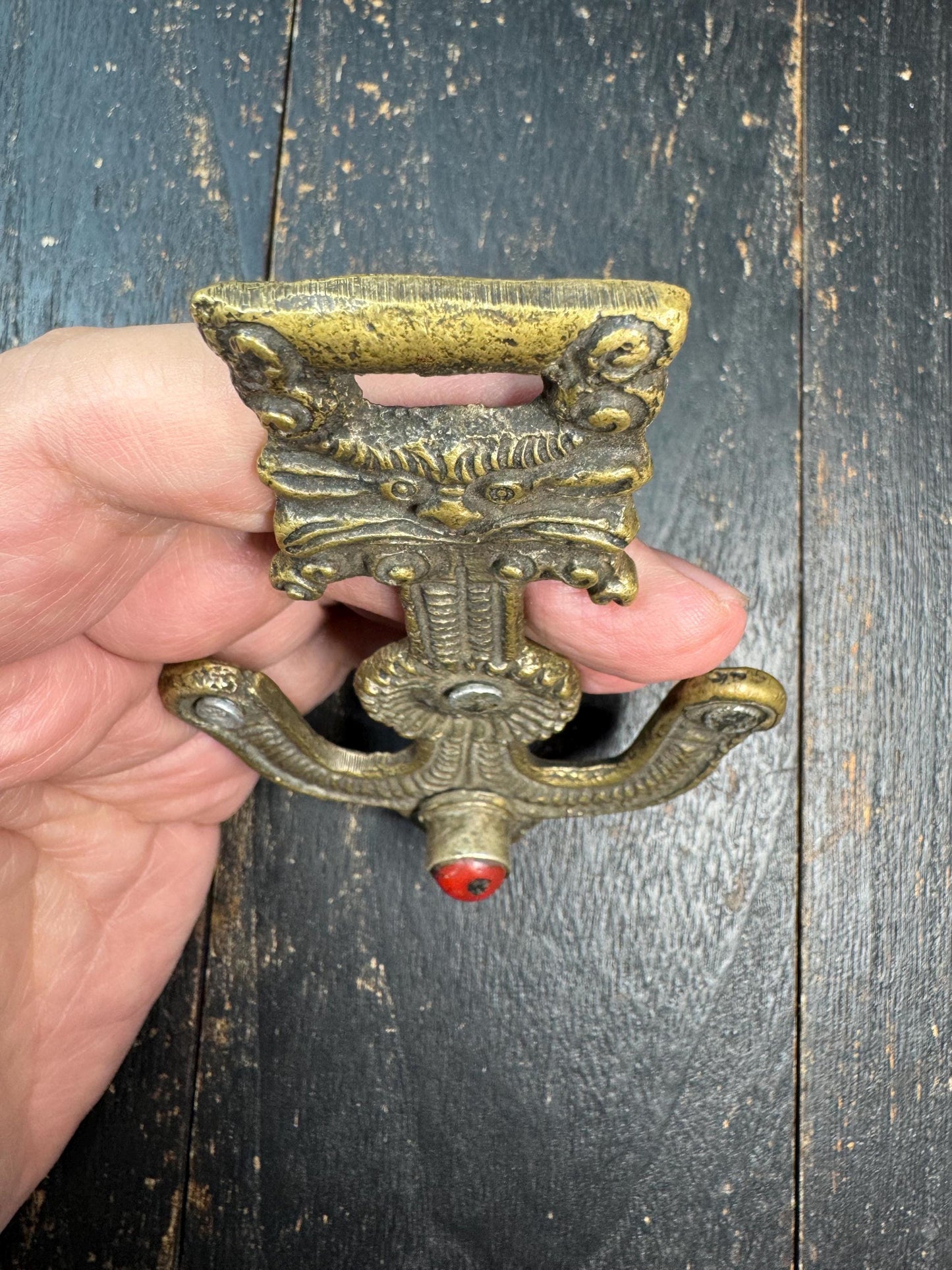 Antique Tibetan Belt Hook Pendant – Himalayan Copper Belt Ornament with Coral Inlay – Tribal Nomad Costume Accessory