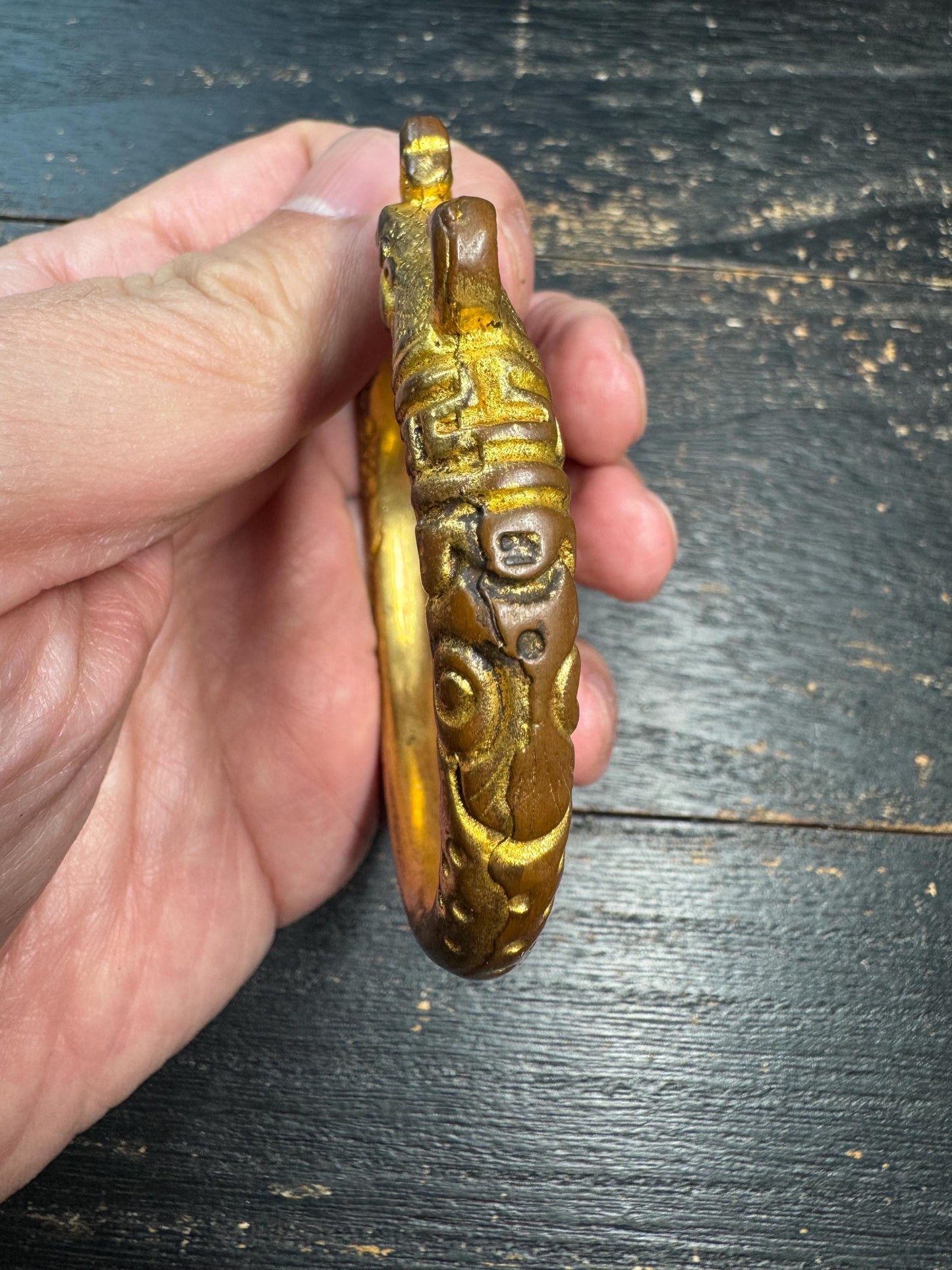 Chinese Gilt Bronze Animal Head Bracelet – Antique Style Dragon Head Bangle – Ethnic Chinese Tribal Amulet Jewelry