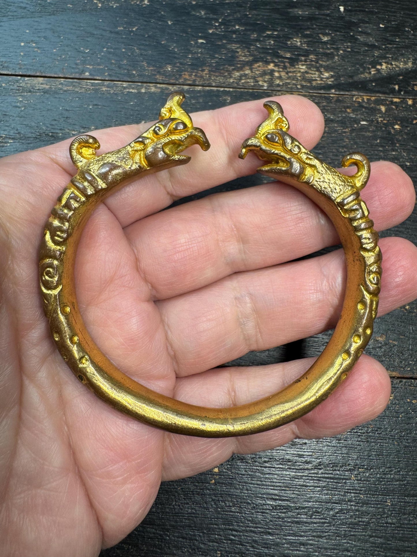 Chinese Gilt Bronze Animal Head Bracelet – Antique Style Dragon Head Bangle – Ethnic Chinese Tribal Amulet Jewelry