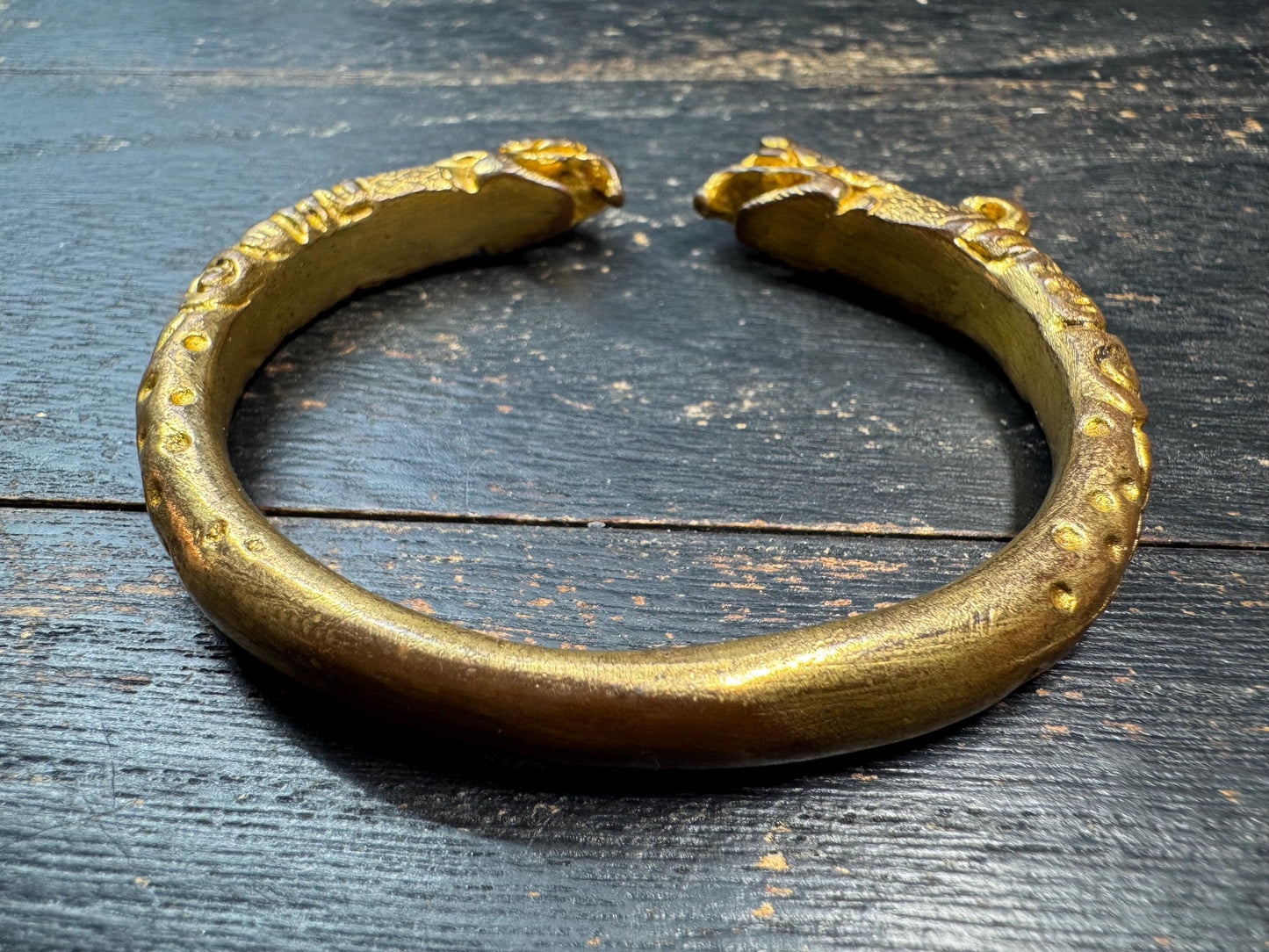 Chinese Gilt Bronze Animal Head Bracelet – Antique Style Dragon Head Bangle – Ethnic Chinese Tribal Amulet Jewelry