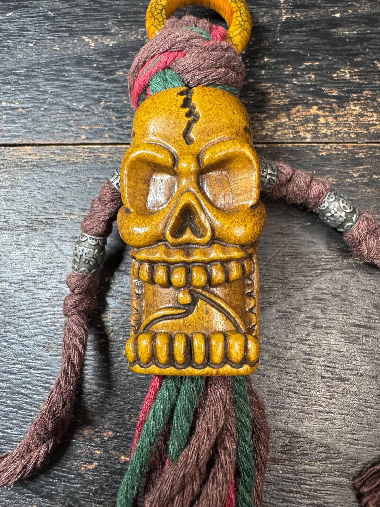Tibetan Chitipati Skull Yak Bone Pendant – Hand Carved Buddhist Protector Amulet, Himalayan Ritual Ornament with Braided Cord