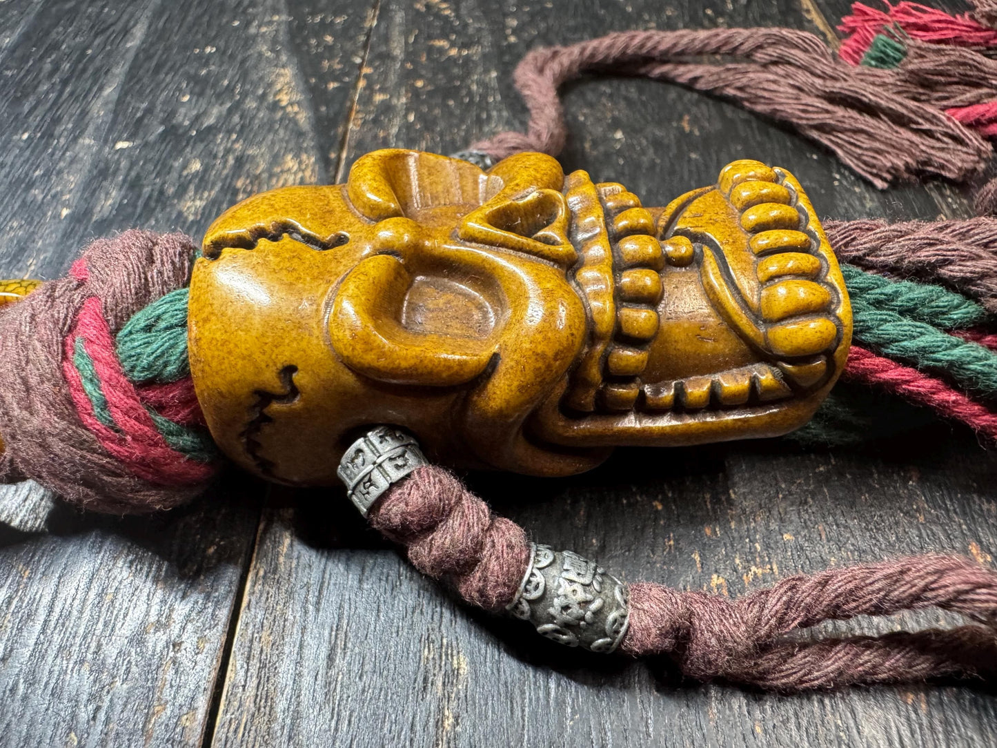 Tibetan Chitipati Skull Yak Bone Pendant – Hand Carved Buddhist Protector Amulet, Himalayan Ritual Ornament with Braided Cord
