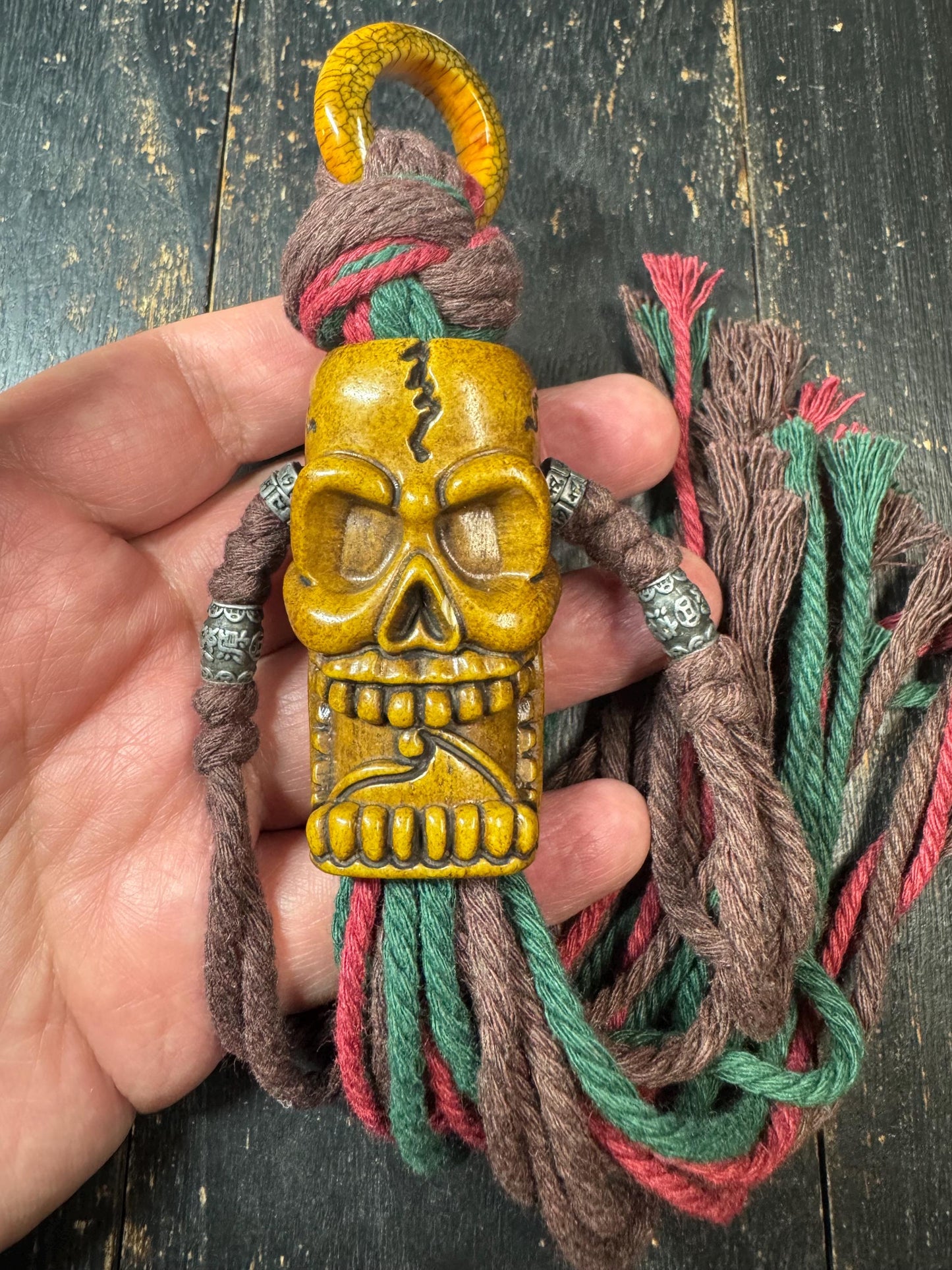 Tibetan Chitipati Skull Yak Bone Pendant – Hand Carved Buddhist Protector Amulet, Himalayan Ritual Ornament with Braided Cord