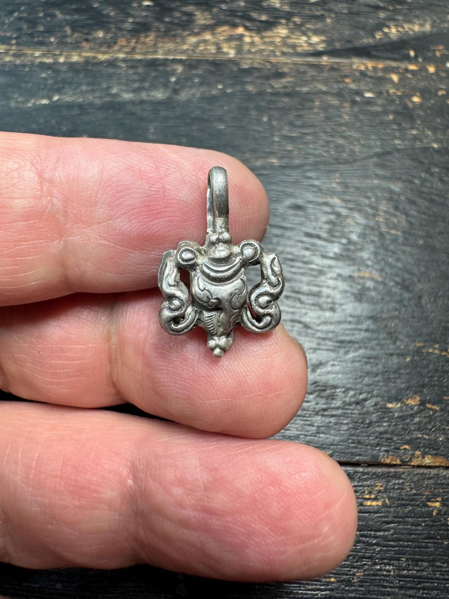 Sterling Silver Treasure Vase Mala Counter Clip, Tibetan Ashtamangala Prayer Beads Accessory, 925 Silver Buddhist Amulet Clip