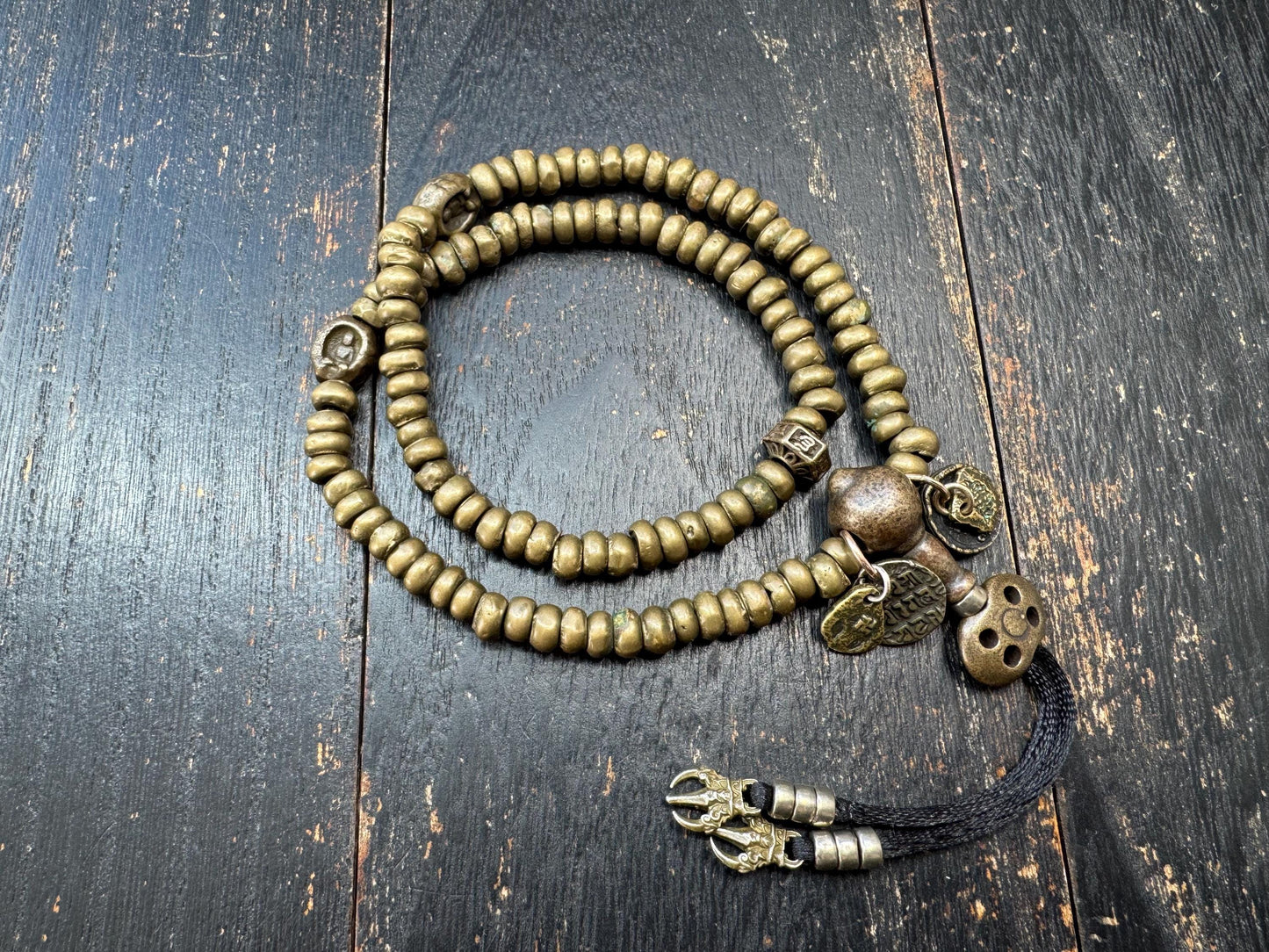 Vintage Brass Mala 108 Beads, Tibetan Prayer Beads Necklace, Wrap Mala Bracelet, Adjustable Buddhist Meditation Mala