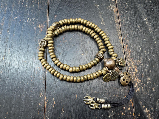Vintage Brass Mala 108 Beads, Tibetan Prayer Beads Necklace, Wrap Mala Bracelet, Adjustable Buddhist Meditation Mala