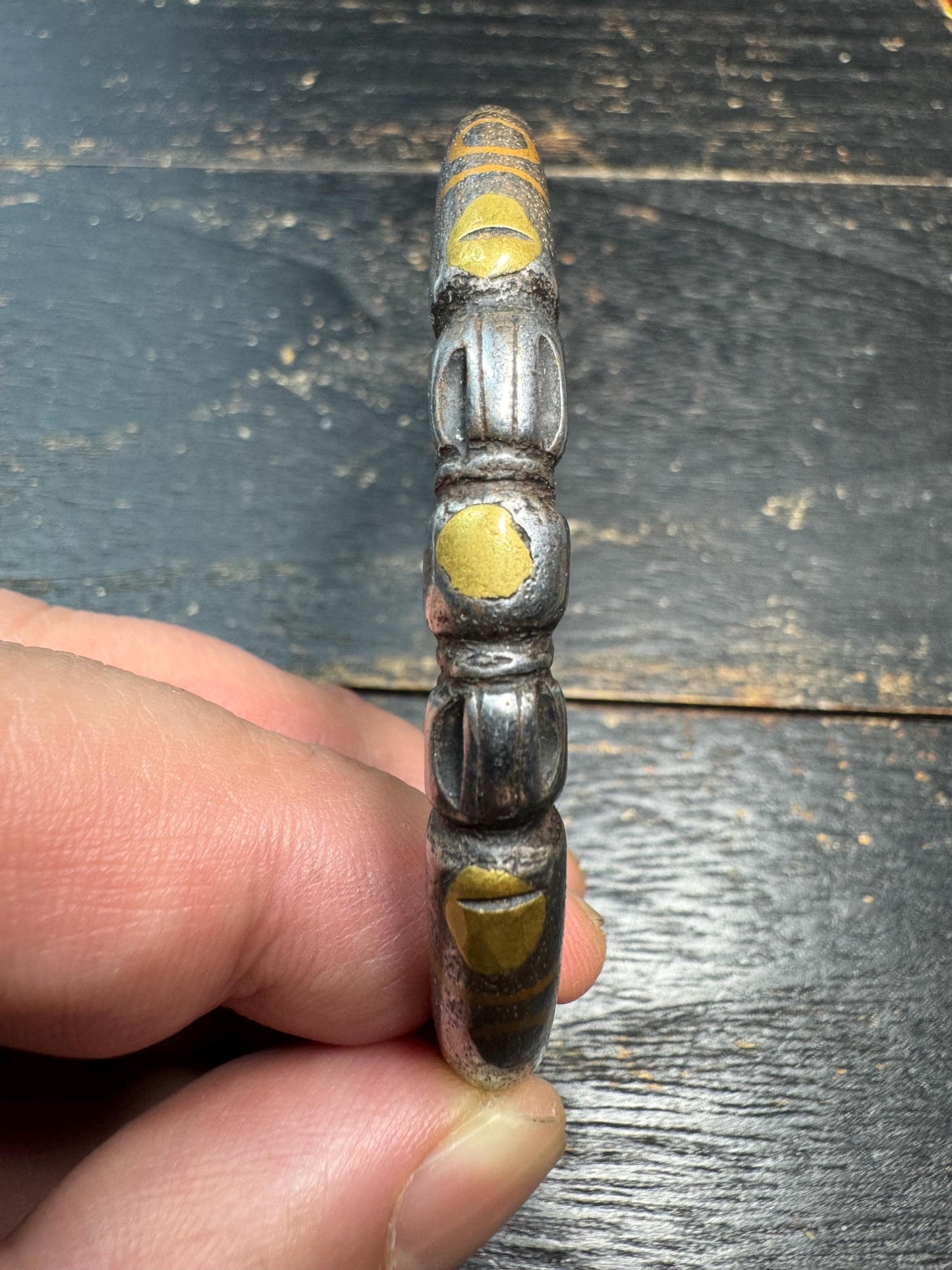 Tibetan Vajra Cold Iron Cuff Bracelet – Inlaid Copper Protective Bangle, Himalayan Ritual Jewelry, Open Adjustable Wrist Cuff