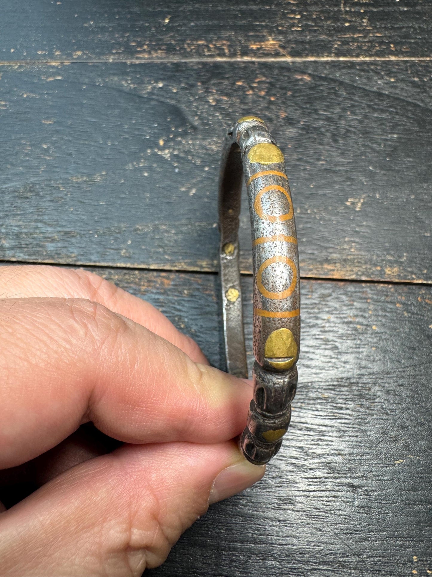 Tibetan Vajra Cold Iron Cuff Bracelet – Inlaid Copper Protective Bangle, Himalayan Ritual Jewelry, Open Adjustable Wrist Cuff