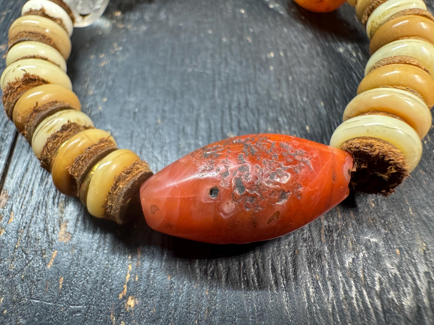 Nanhong Agate Bracelet with Citipati Glass Bead, Vintage Resin Bead, Handmade Yak Bone Bracelet, Tibetan Style Tribal Jewelry