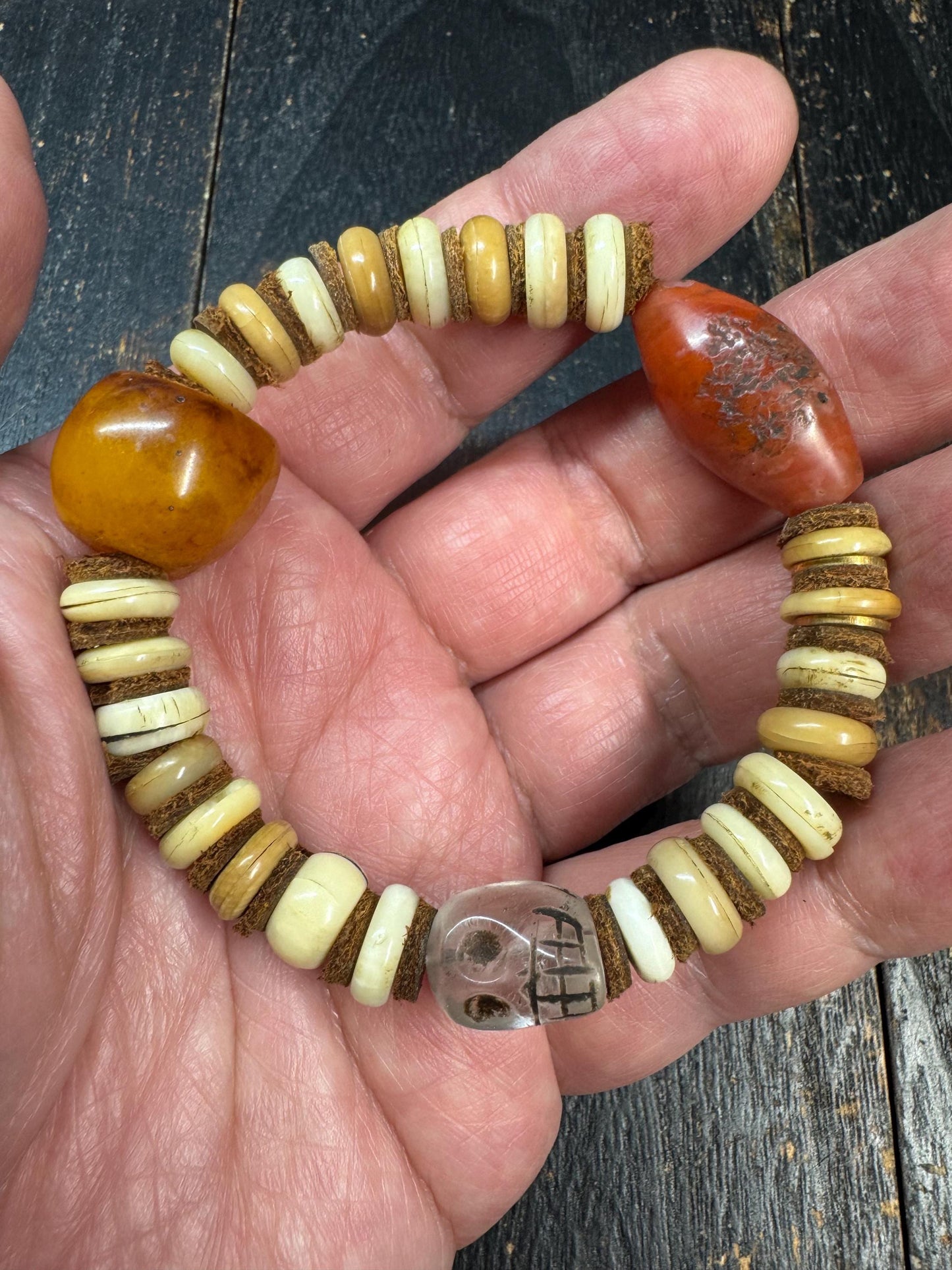 Nanhong Agate Bracelet with Citipati Glass Bead, Vintage Resin Bead, Handmade Yak Bone Bracelet, Tibetan Style Tribal Jewelry