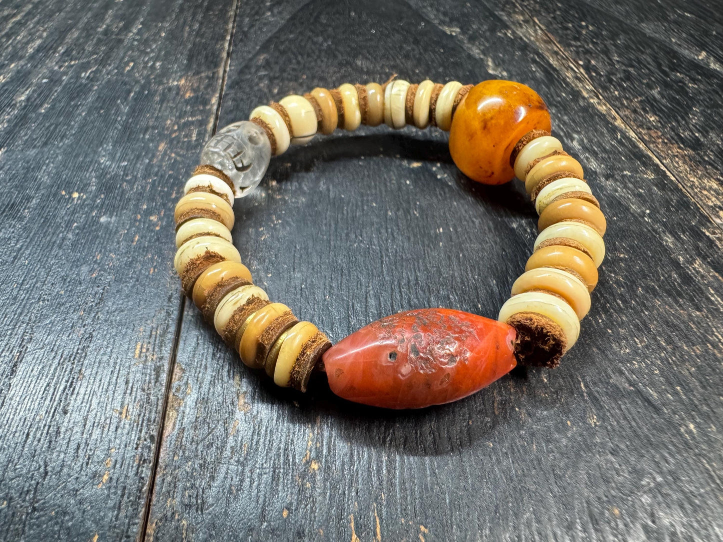 Nanhong Agate Bracelet with Citipati Glass Bead, Vintage Resin Bead, Handmade Yak Bone Bracelet, Tibetan Style Tribal Jewelry