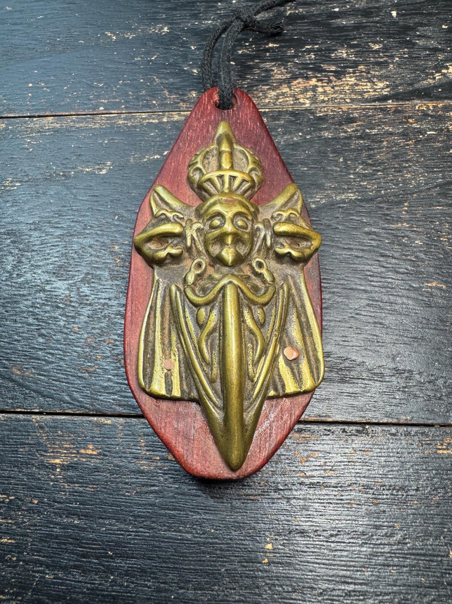 Tibetan Hayagriva Phurba Amulet Pendant Vajra Ritual Dagger Talisman, Wrathful Deity Protection Charm, Brass on Wood