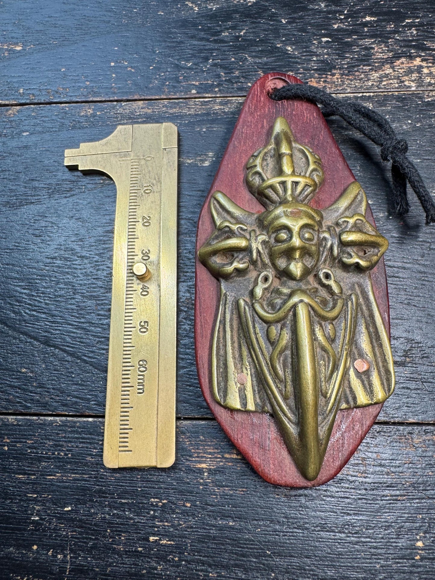 Tibetan Hayagriva Phurba Amulet Pendant Vajra Ritual Dagger Talisman, Wrathful Deity Protection Charm, Brass on Wood