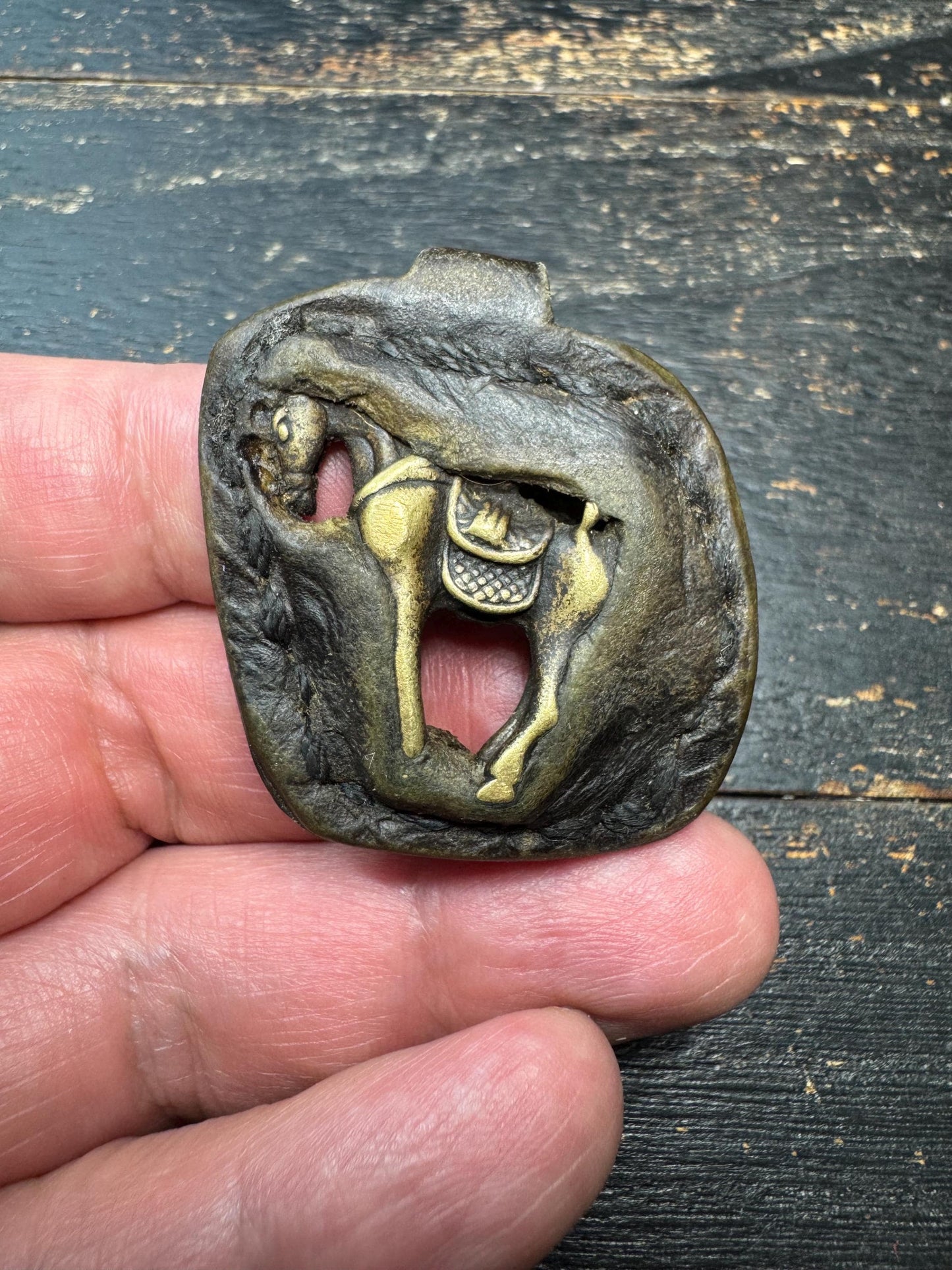 Tibetan Horse Amulet Pendant – Brass Horse Talisman with Leather Frame, Nomadic Style Protection Charm, Himalayan Folk Jewelry