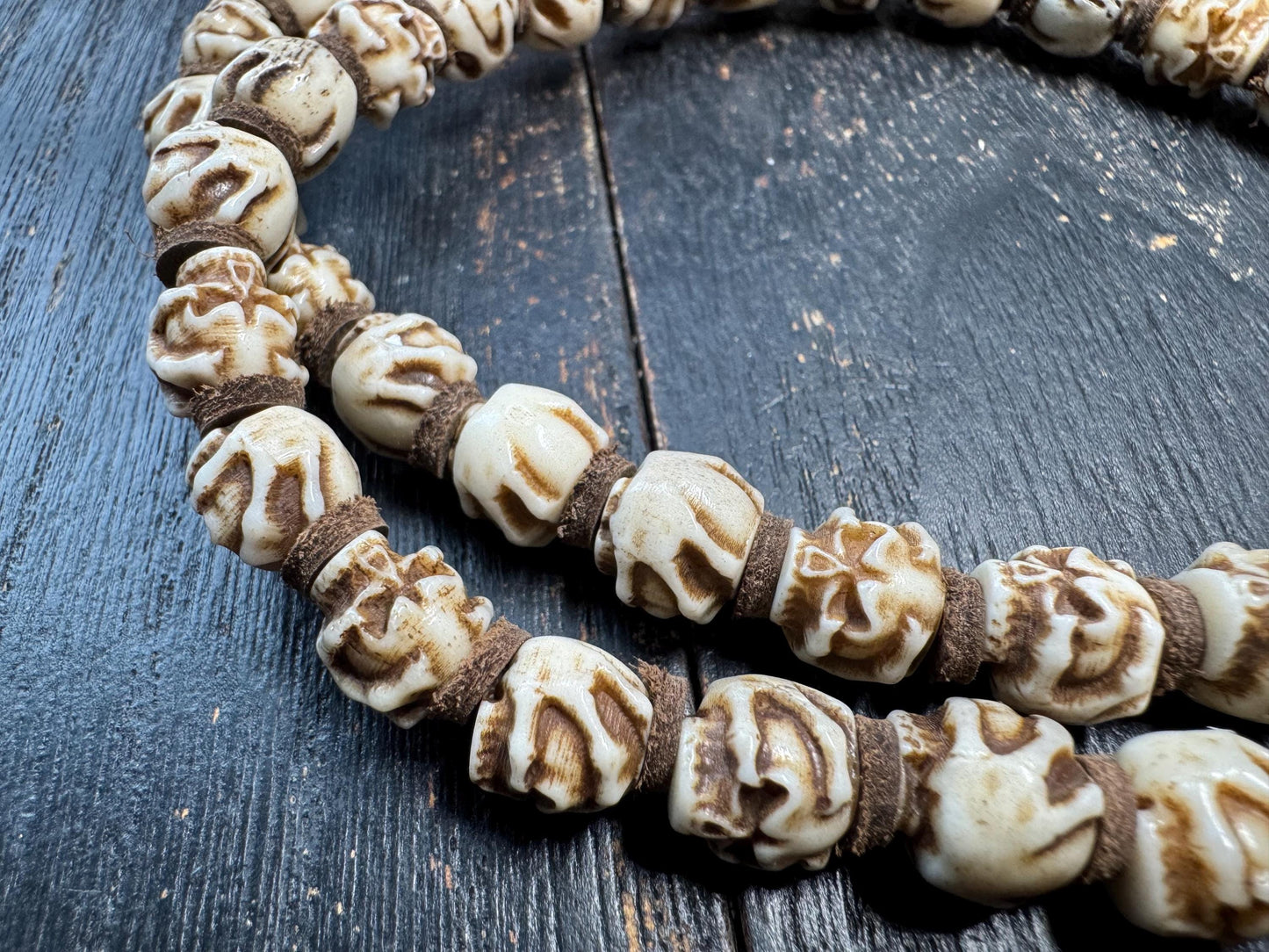 54 Bead Yak Bone Skull Mala – Hand Carved Chitipati Style Bone Necklace – 24 Inch Tibetan Inspired Meditation Mala – Sheepskin Spacers –
