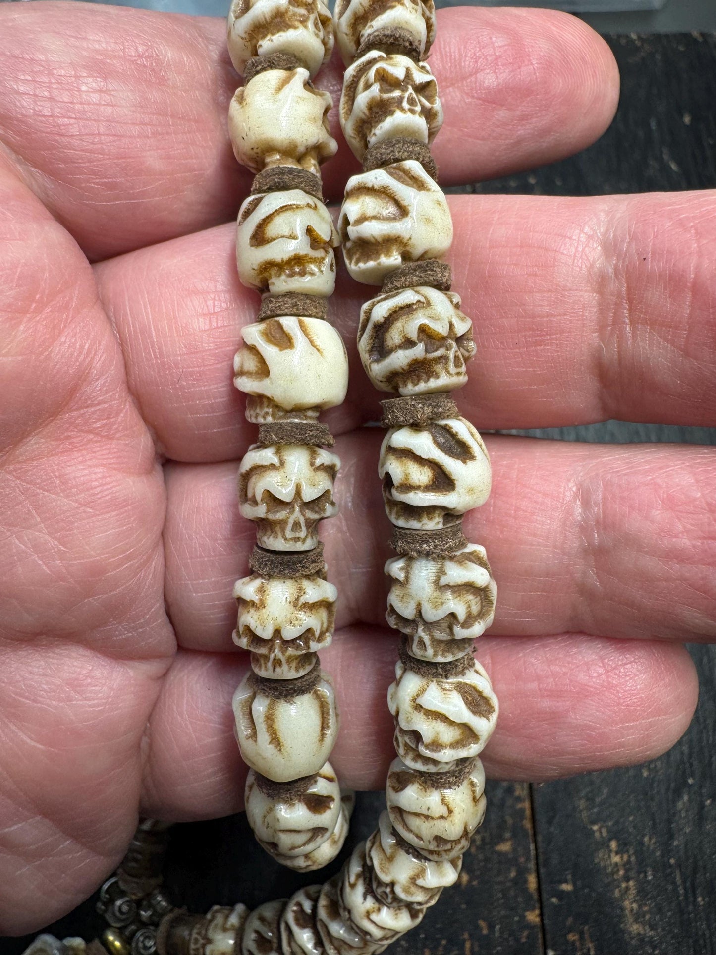 54 Bead Yak Bone Skull Mala – Hand Carved Chitipati Style Bone Necklace – 24 Inch Tibetan Inspired Meditation Mala – Sheepskin Spacers –