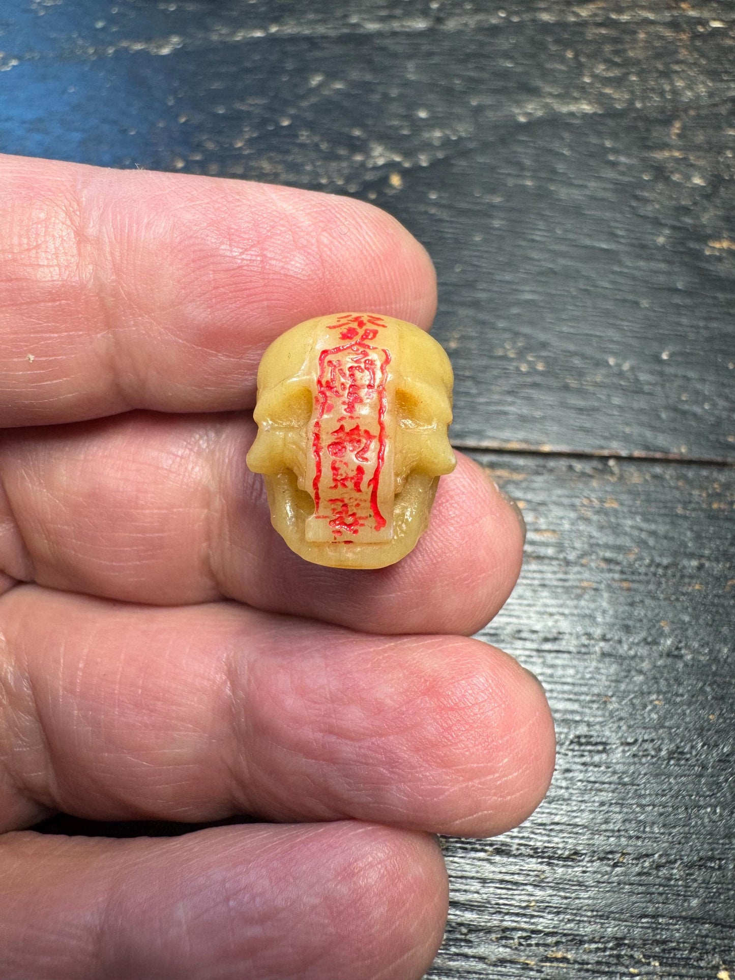 Tibetan Yak Bone Skull Bead Pendant – Hand Carved Kapala Amulet with Red Mantra, Himalayan Ritual Talisman, Vintage Style