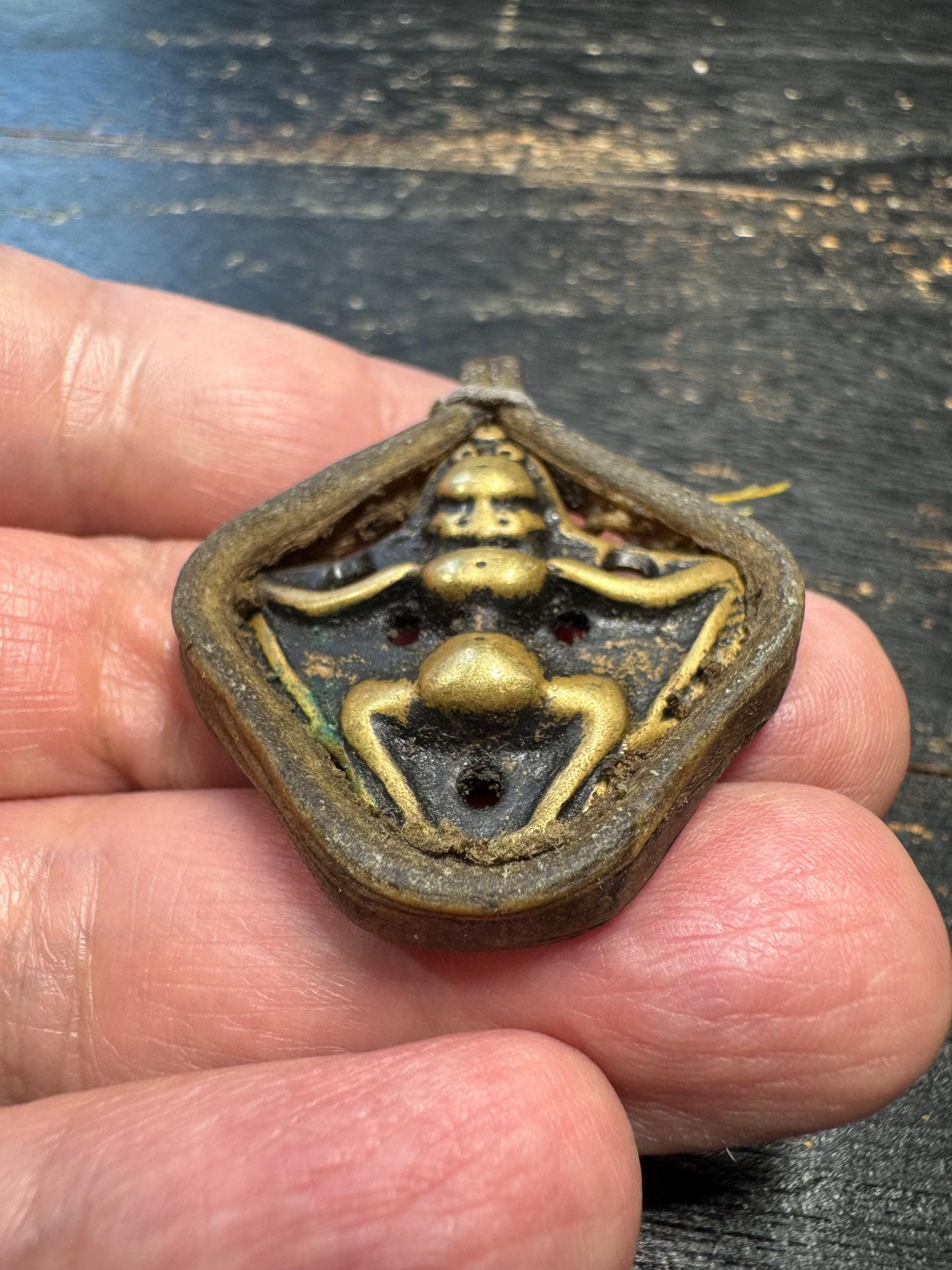 Antique Tibetan Garuda Amulet Pendant – Brass & Leather Protective Talisman, Himalayan Bird Deity Charm, Vintage Ritual Pendant