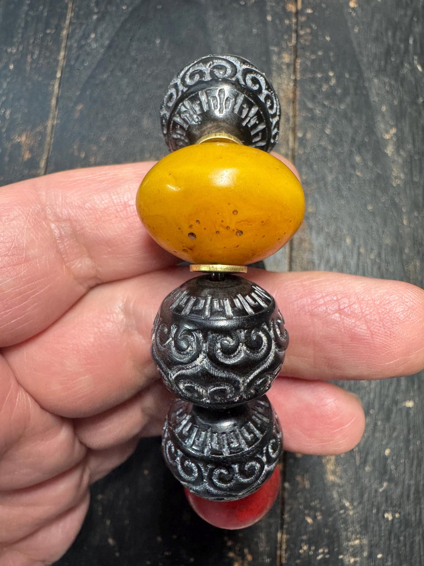 Carved Black Horn Bead Bracelet – 20mm Large Beads with Resin & Glass Accents, Tribal Ethnic Statement Bracelet, Fits Wrist Under 8 Inches