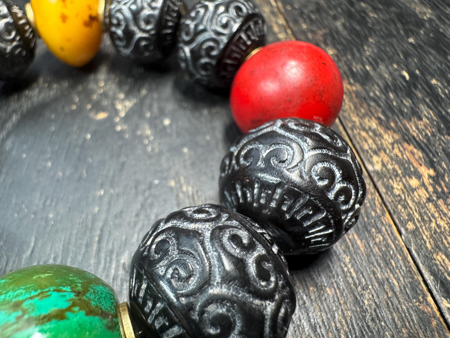 Carved Black Horn Bead Bracelet – 20mm Large Beads with Resin & Glass Accents, Tribal Ethnic Statement Bracelet, Fits Wrist Under 8 Inches