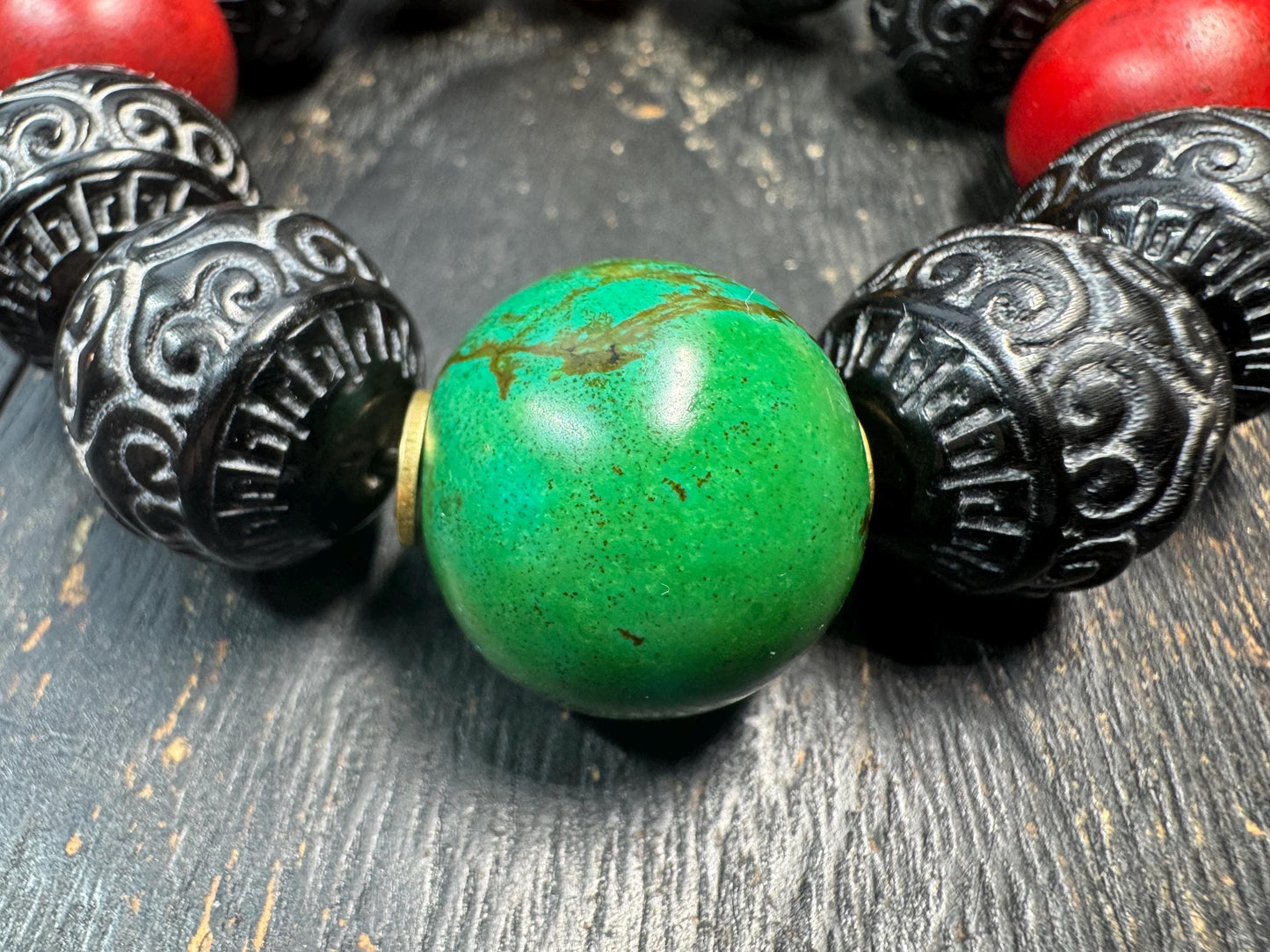 Carved Black Horn Bead Bracelet – 20mm Large Beads with Resin & Glass Accents, Tribal Ethnic Statement Bracelet, Fits Wrist Under 8 Inches