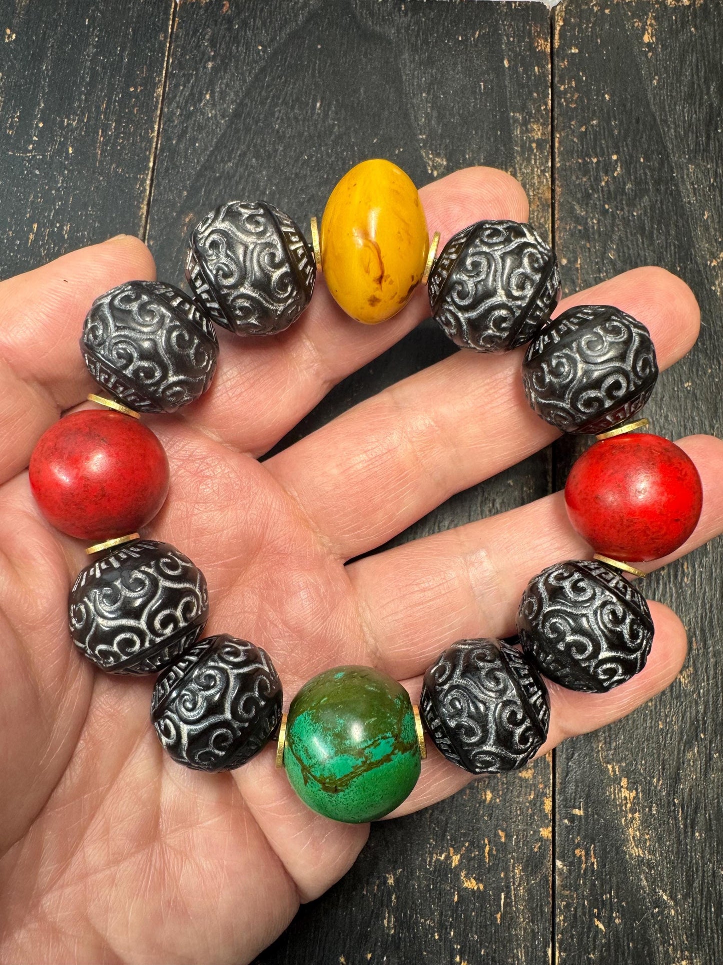 Carved Black Horn Bead Bracelet – 20mm Large Beads with Resin & Glass Accents, Tribal Ethnic Statement Bracelet, Fits Wrist Under 8 Inches