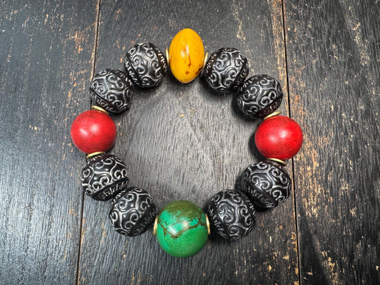 Carved Black Horn Bead Bracelet – 20mm Large Beads with Resin & Glass Accents, Tribal Ethnic Statement Bracelet, Fits Wrist Under 8 Inches