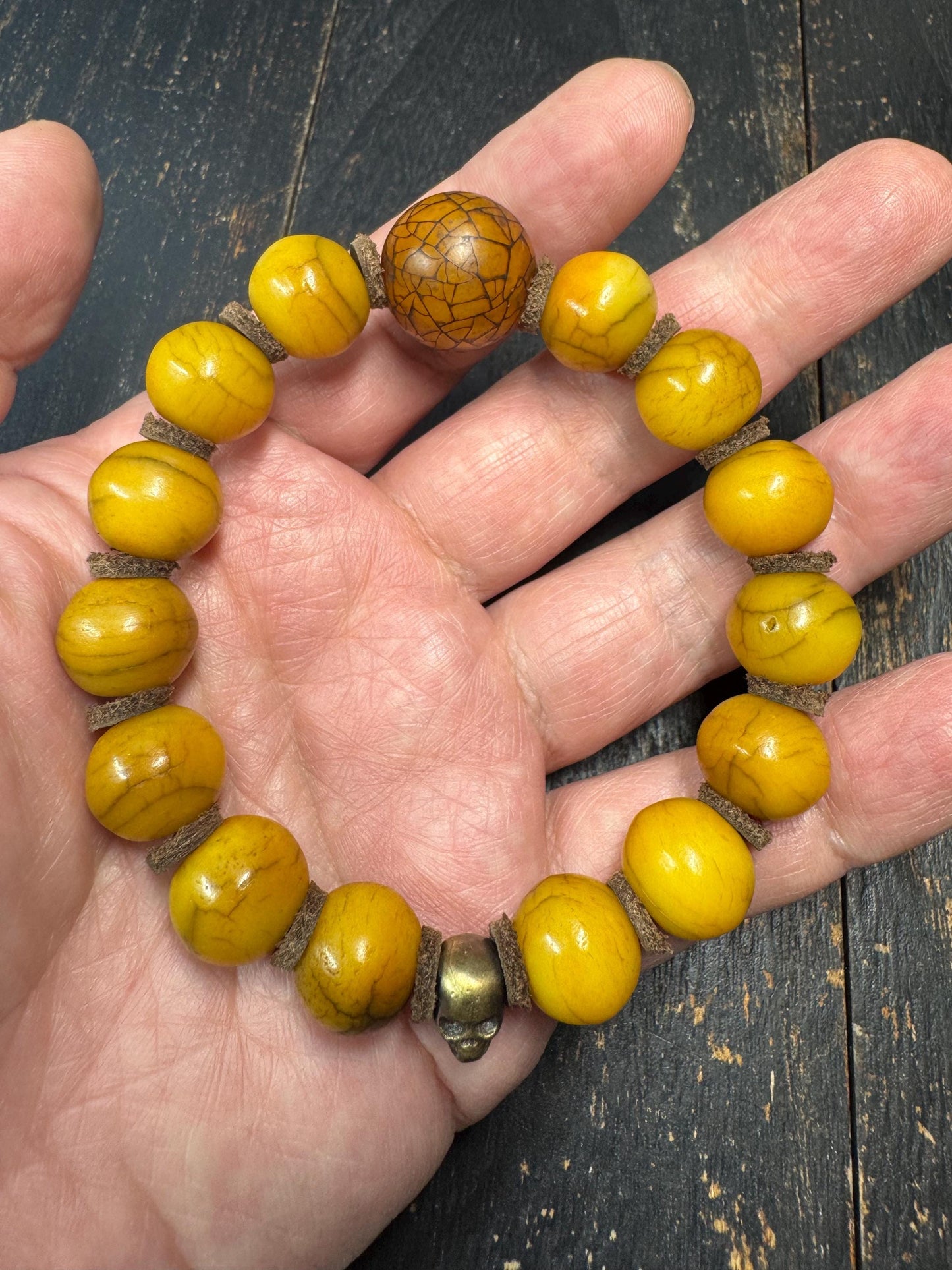 Vintage Yak Bone Bead Bracelet – 14mm Tibetan Style Bone Beads with Brass Skull Accent, Ethnic Tribal Bracelet, Spiritual Jewelry